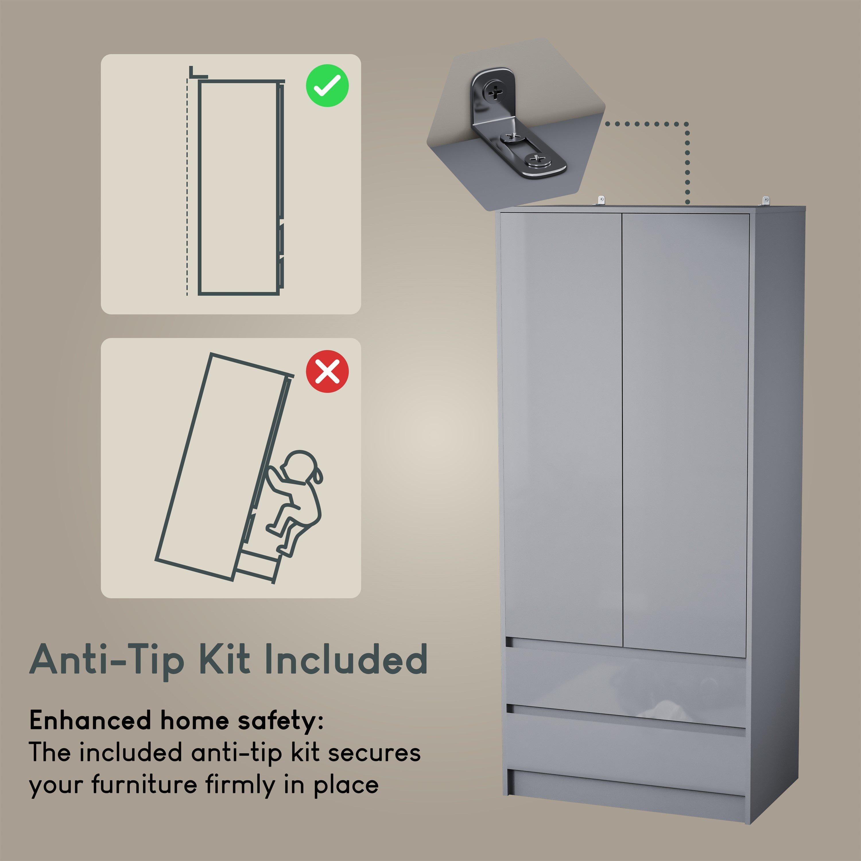 Grey - Lassic - Glinton High Gloss 2 Door 2 Drawer Wardrobe - 8