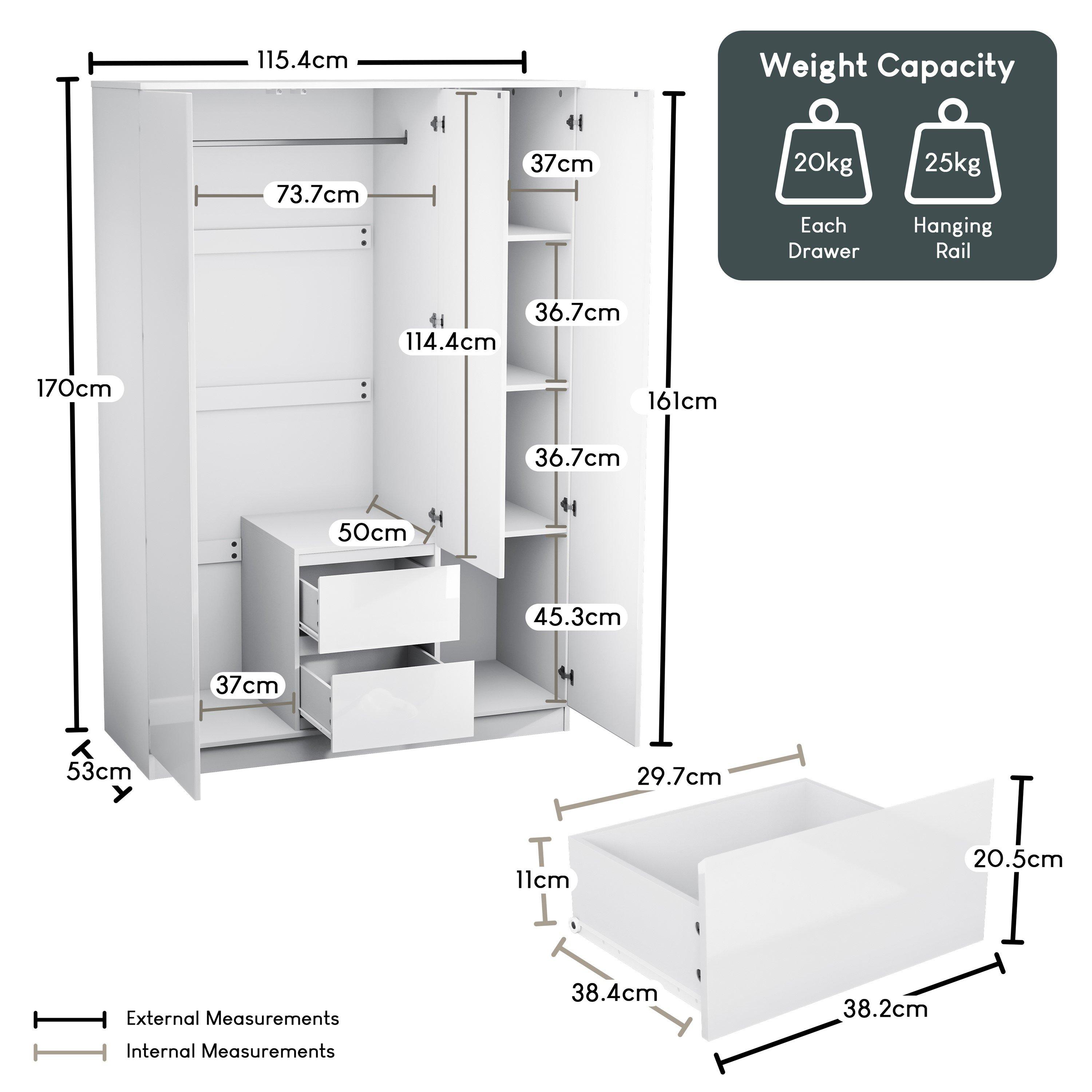 White - Lassic - Glinton High Gloss 3 Door 2 Drawer Wardrobe - 2