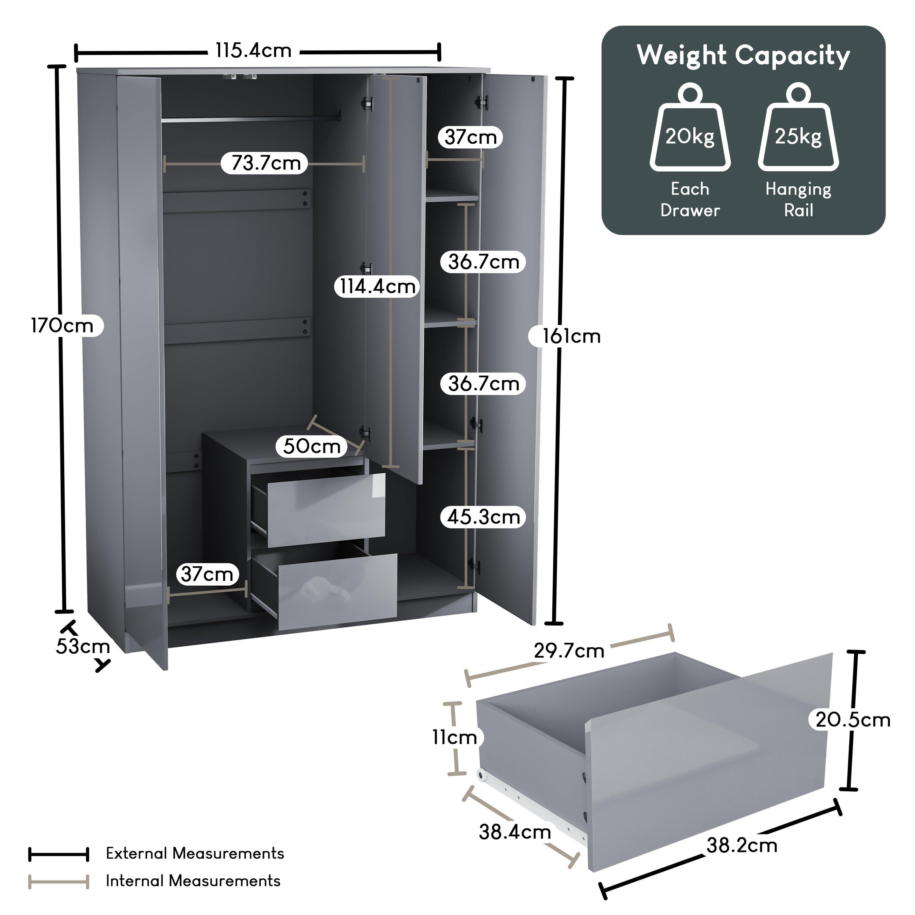 Grey - Lassic - Glinton High Gloss 3 Door 2 Drawer Wardrobe - 2
