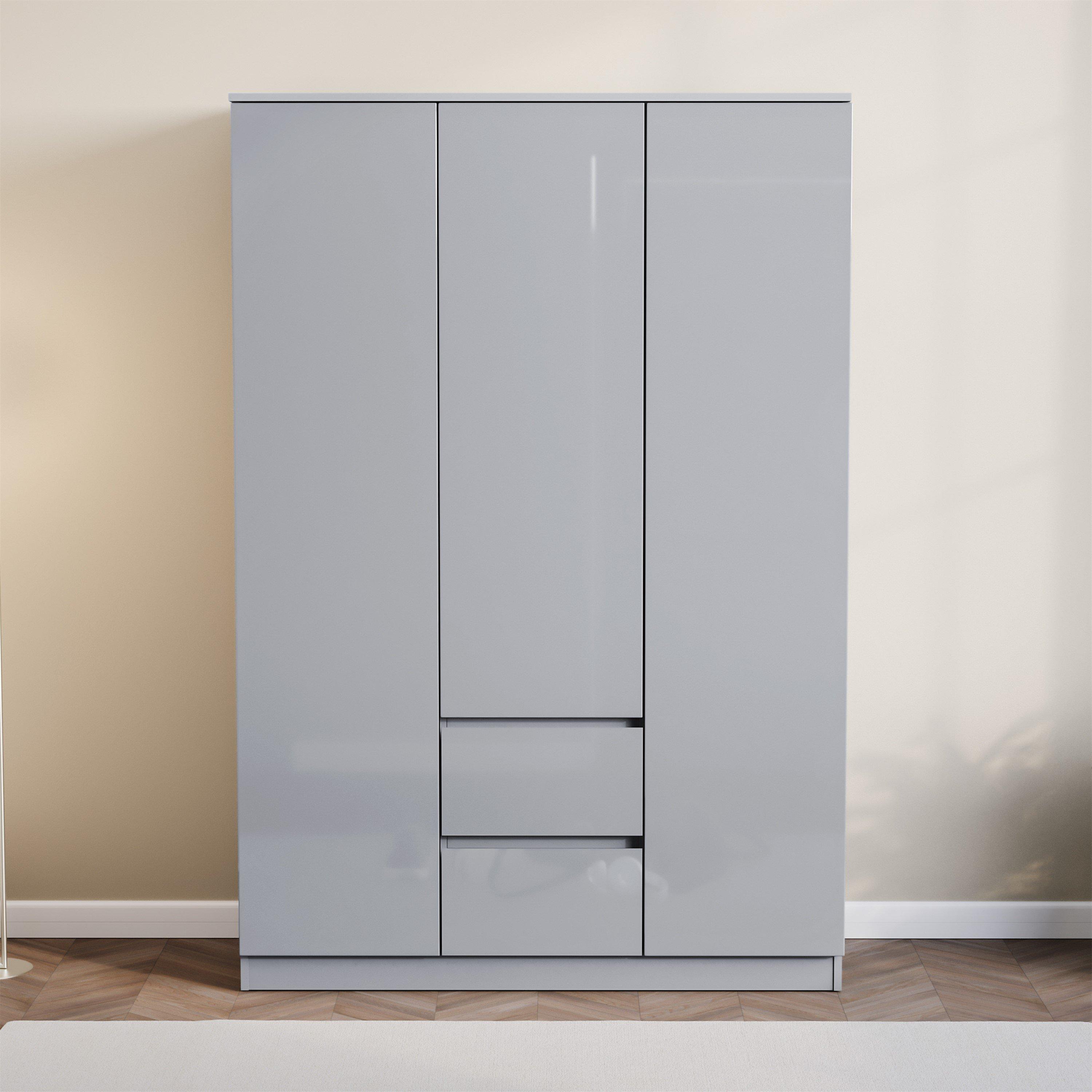 Grey - Lassic - Glinton High Gloss 3 Door 2 Drawer Wardrobe - 5