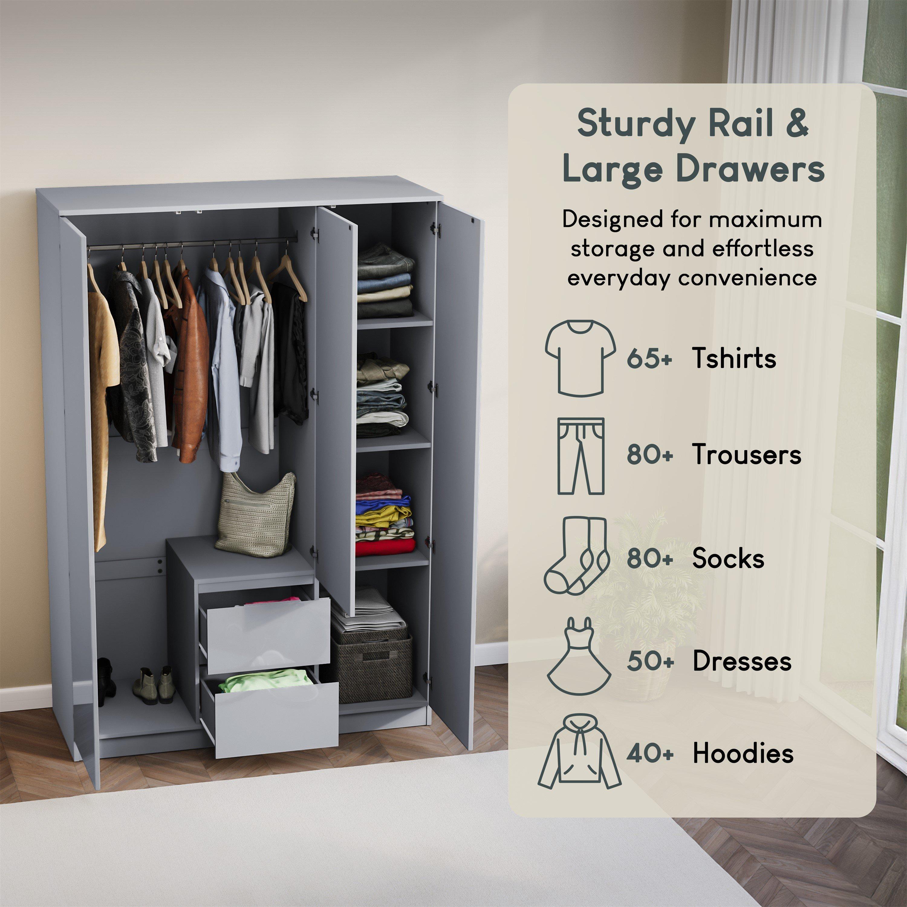 Grey - Lassic - Glinton High Gloss 3 Door 2 Drawer Wardrobe - 6