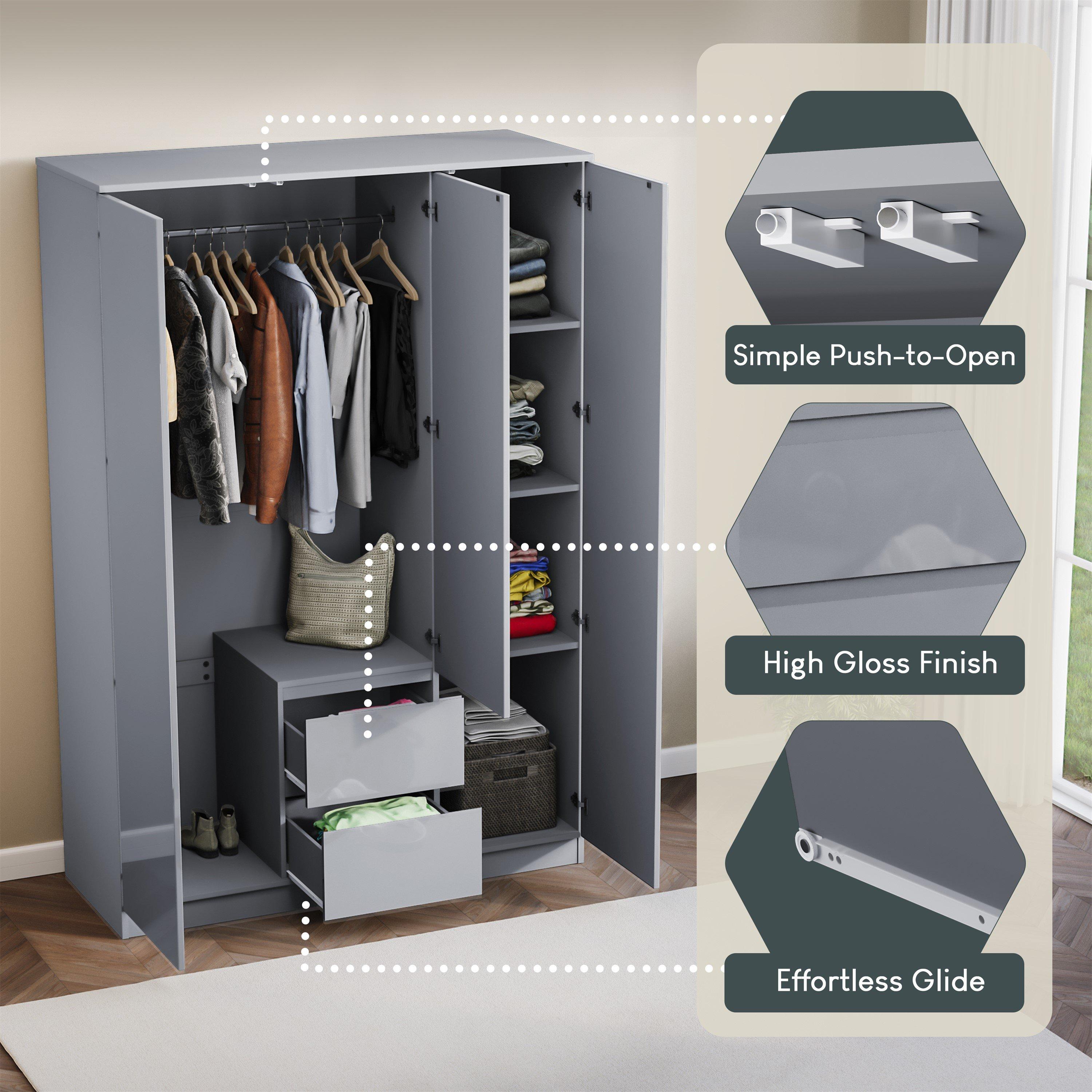 Grey - Lassic - Glinton High Gloss 3 Door 2 Drawer Wardrobe - 7