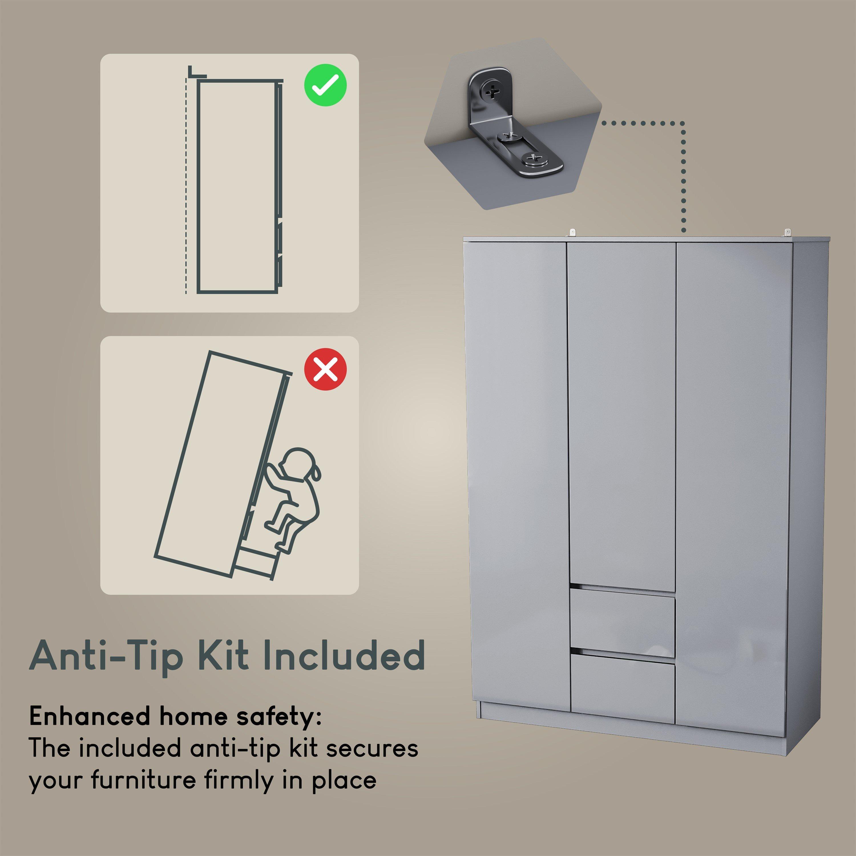 Grey - Lassic - Glinton High Gloss 3 Door 2 Drawer Wardrobe - 8