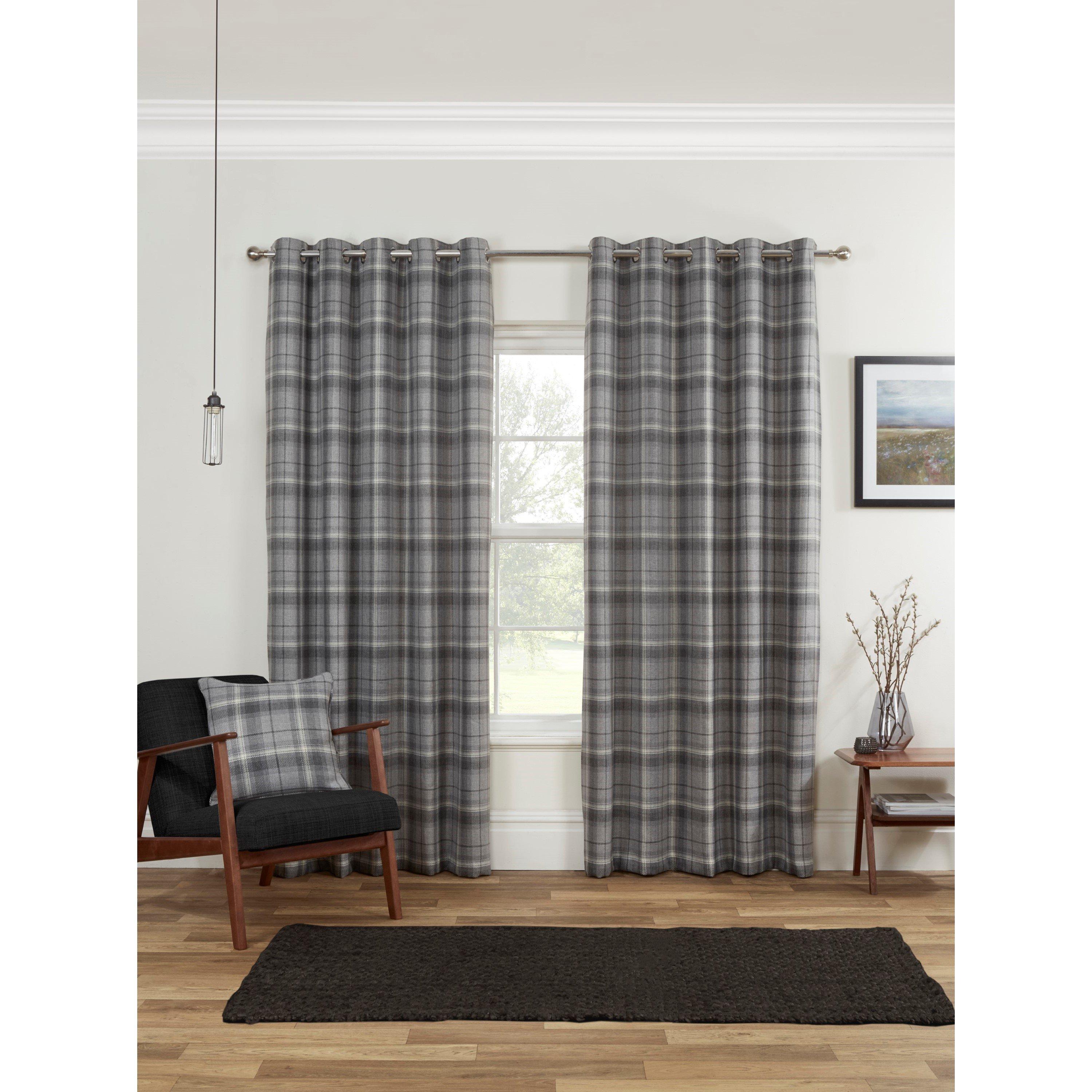 Sundour  Carnoustie Tartan Eyelet Curtains - Grey - 90x54 In