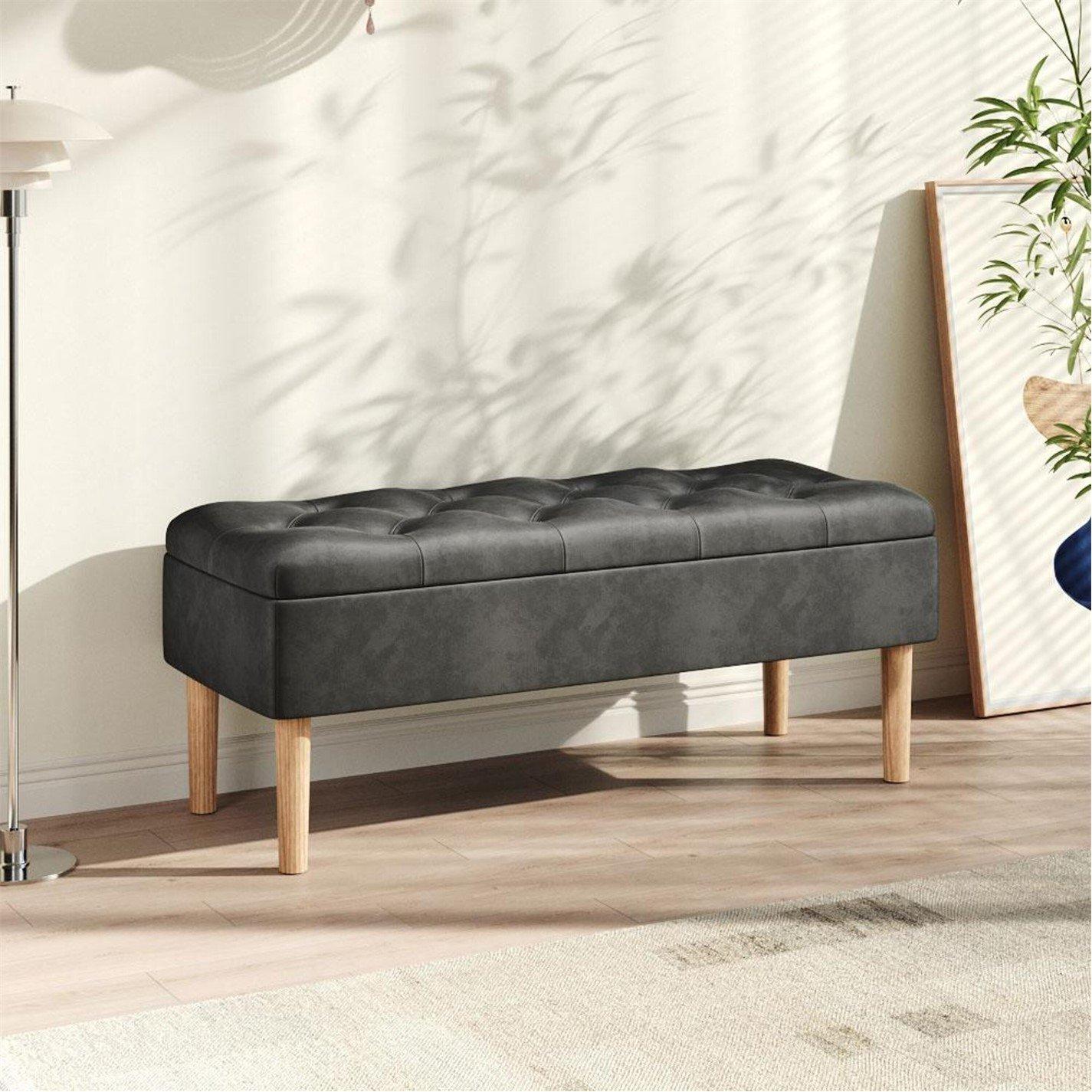 Grey - Kabinet UK - Velvet Storage Bench with Rubber Wooden Leg - 1