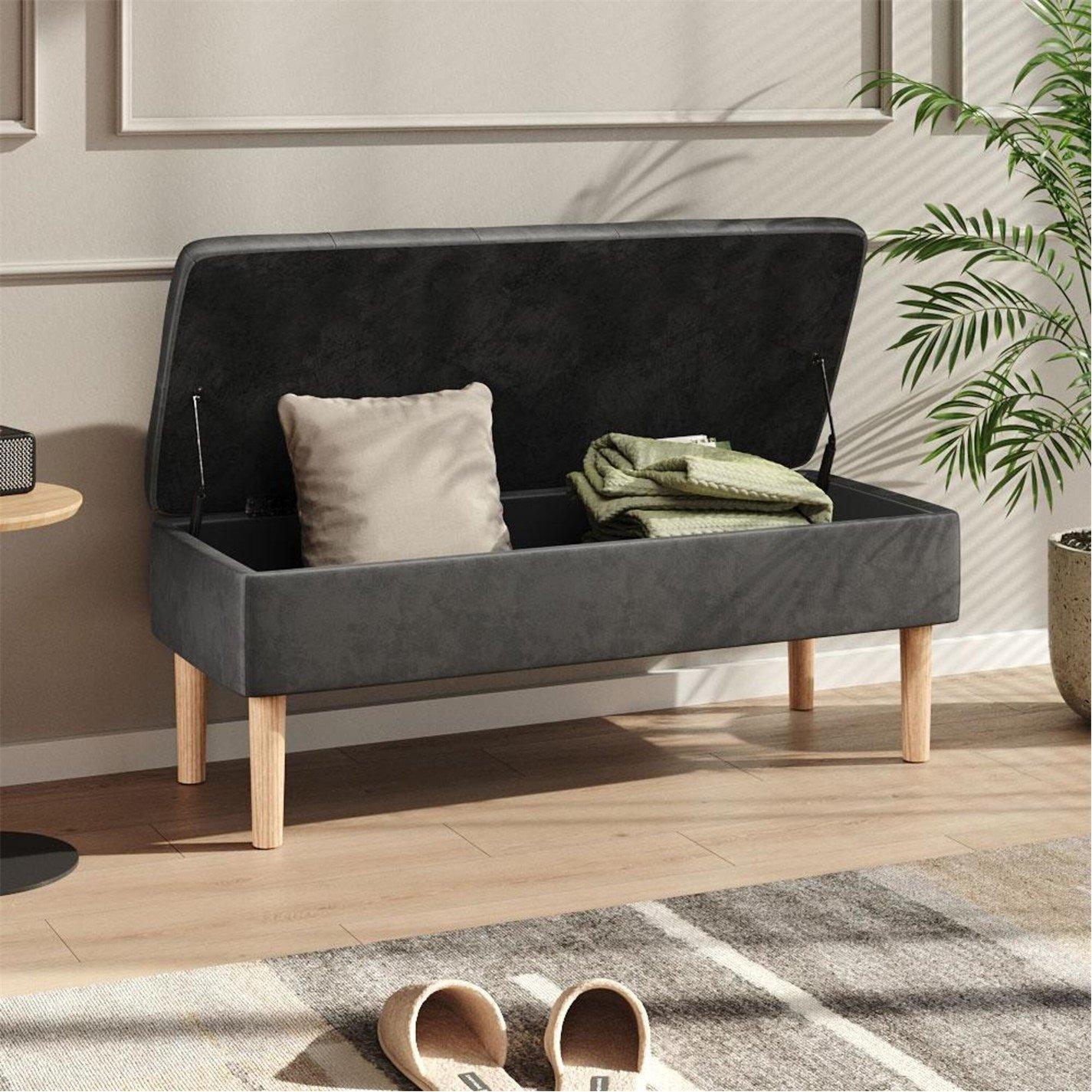 Grey - Kabinet UK - Velvet Storage Bench with Rubber Wooden Leg - 2