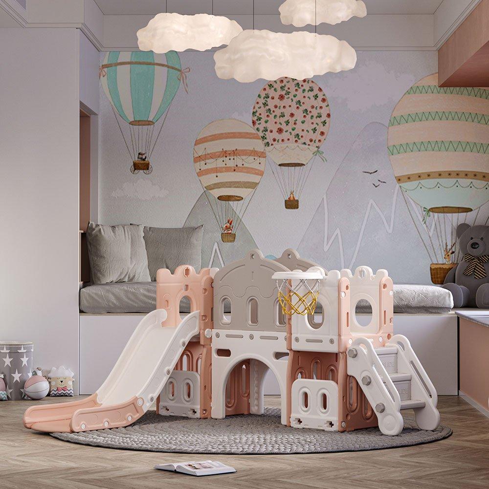 Grey And Pink - KIDKID - Kids Playset with Slide Basket Hoop Indoor - 2