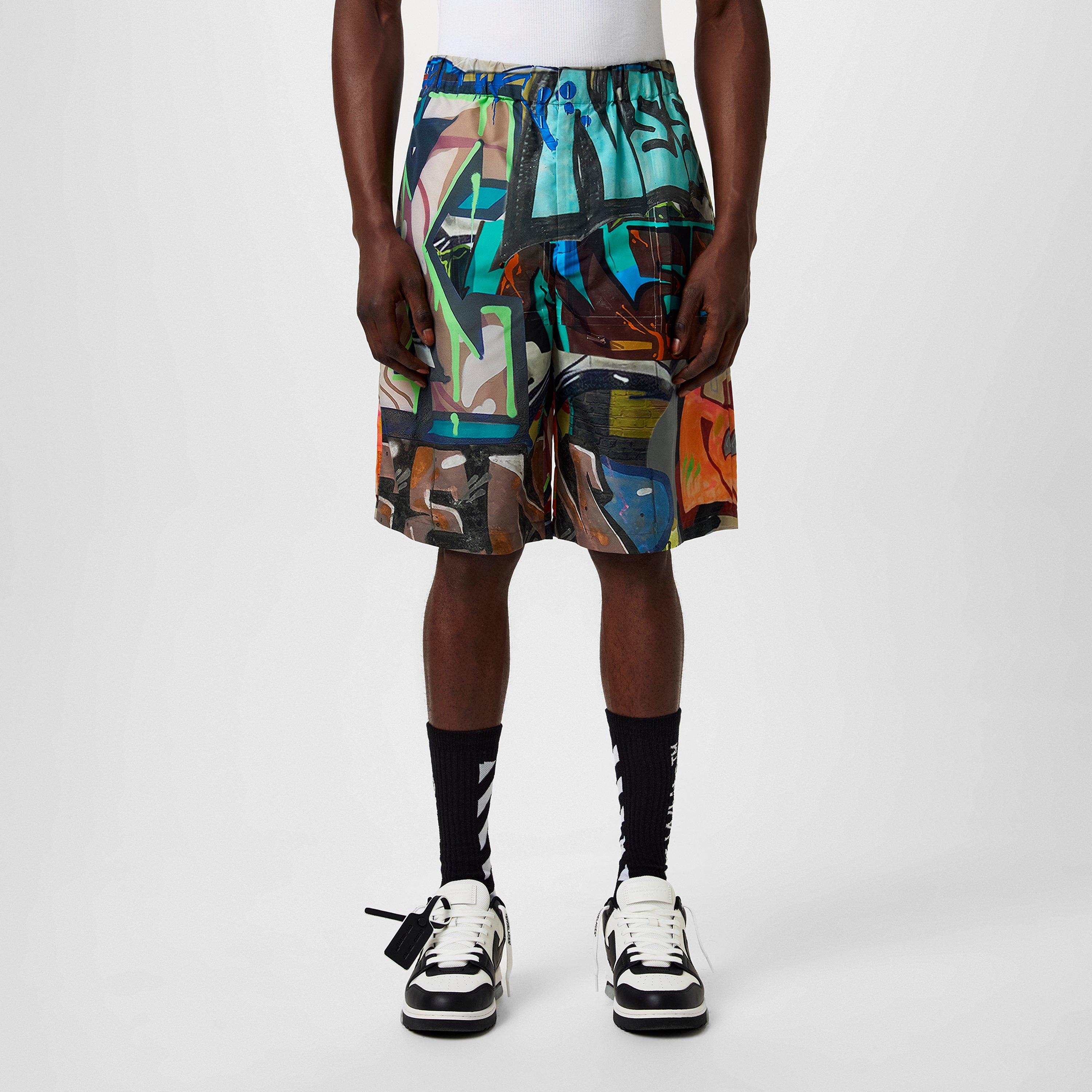 Multicolor - Off White - Men's Graffiti All Over Print Bermuda Woven Tracksuit Shorts - 1