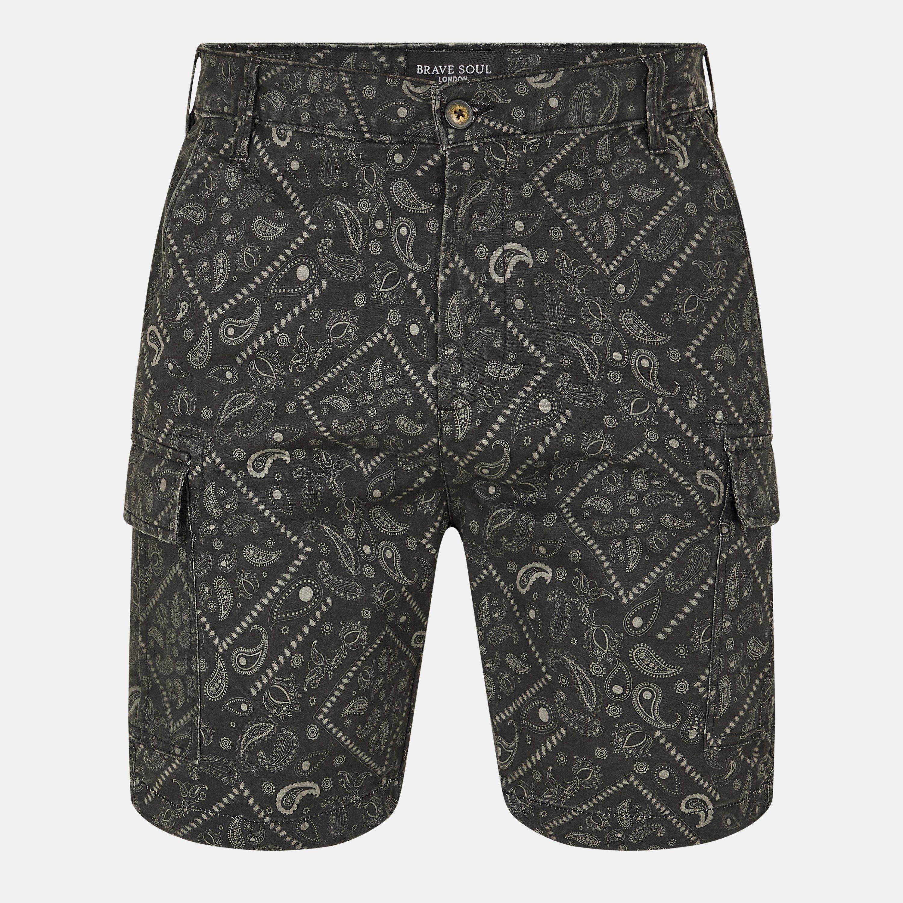 Charcoal Print - Brave Soul - Mens Bandana Print Cargo Shorts - 1