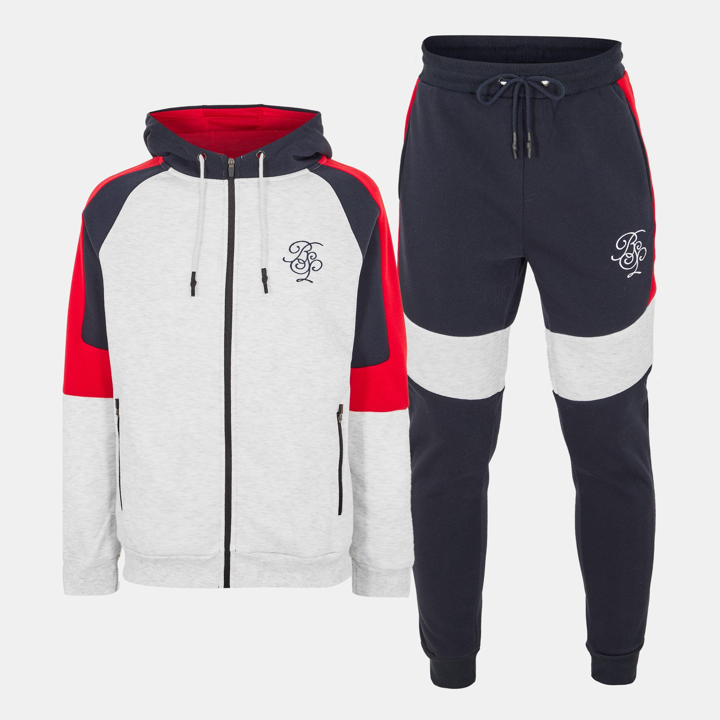 Ecru Marl/Navy - Brave Soul - Colourblock Hoodie & Joggers set - 1