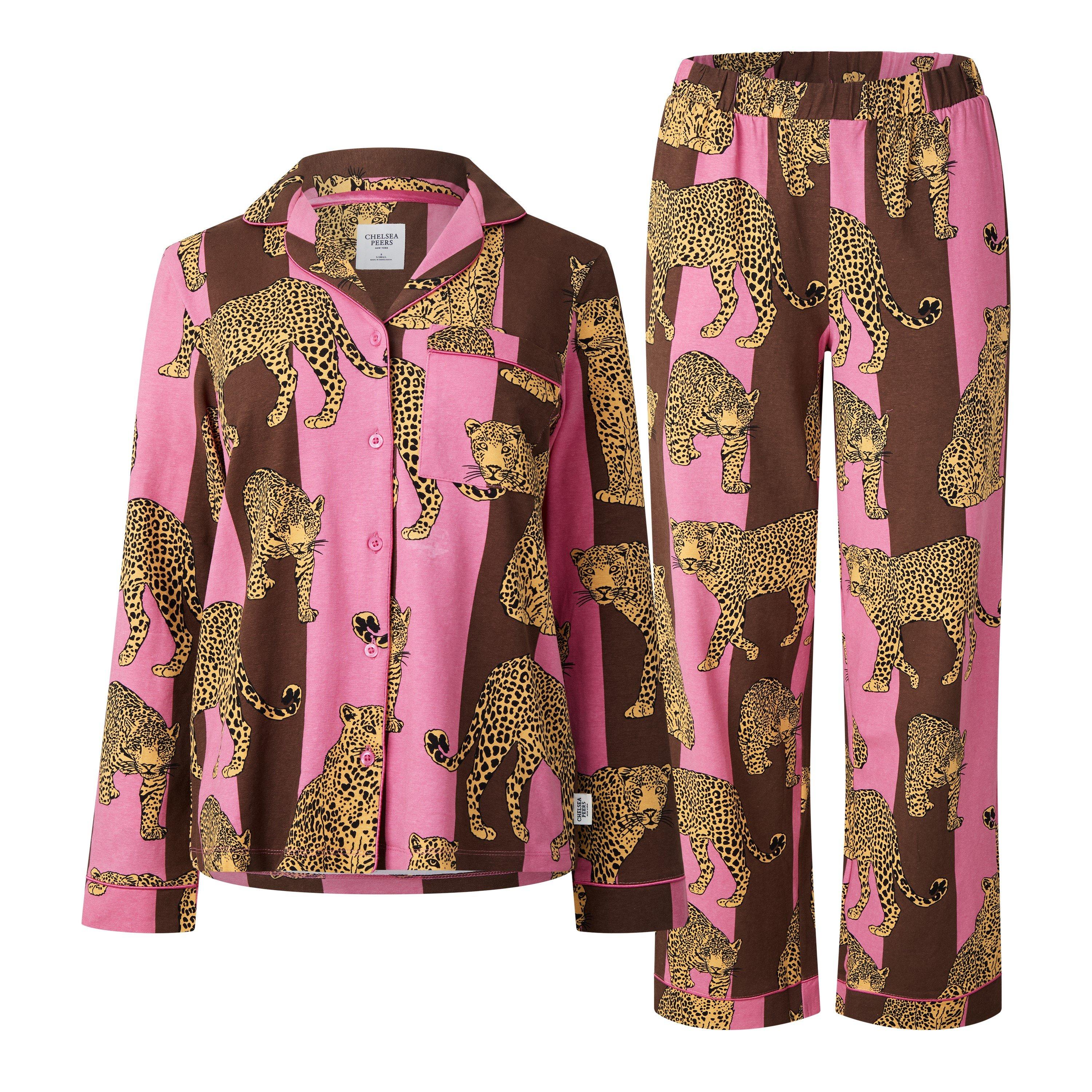 Chelsea Peers Multi Stripe Leopard Organic Cotton Long Sleeve Pyjama Set, 10 - Image 2