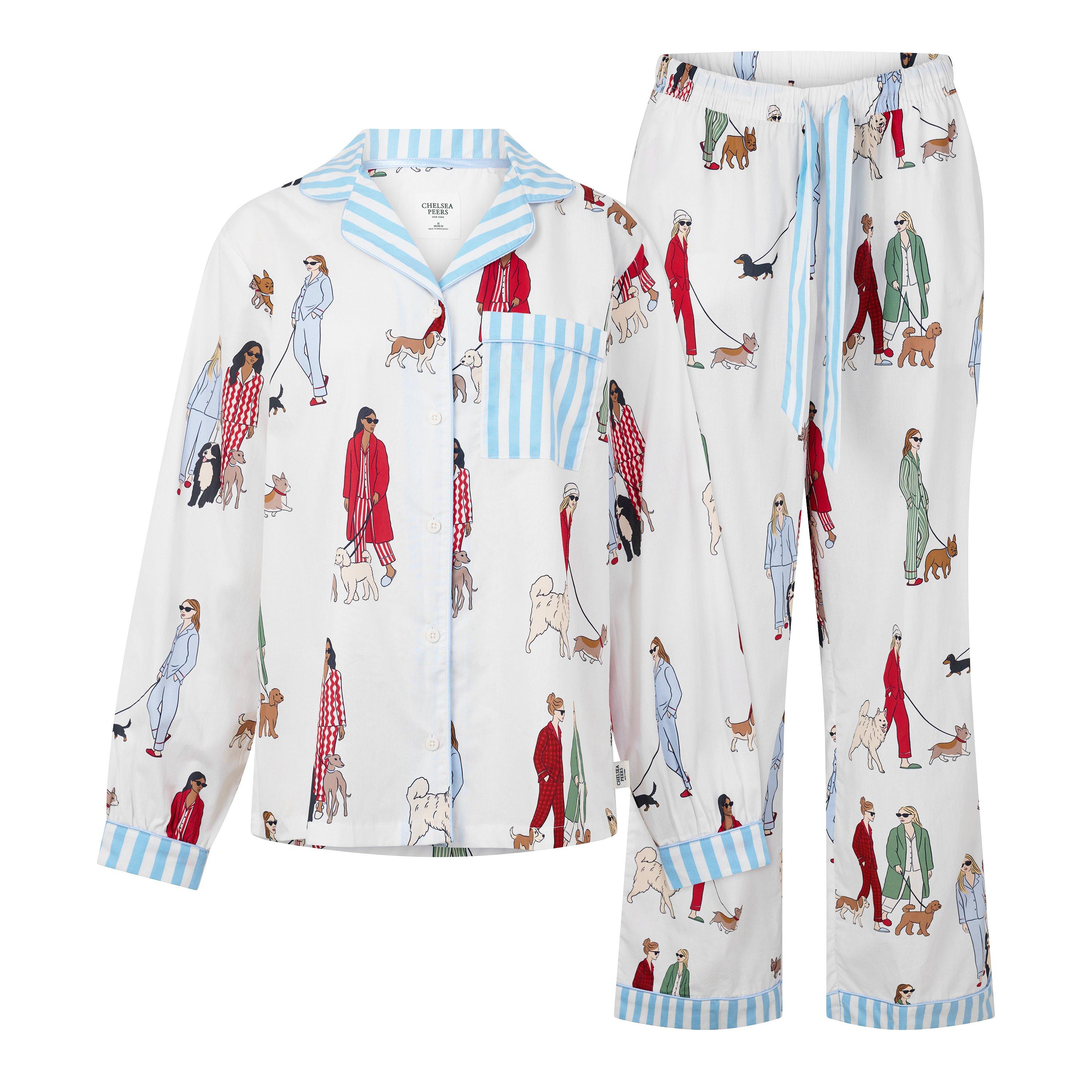 Chelsea Peers Women's Button-Up Long-Sleeve Top And Trousers Pyjama Set - Dogs White - 10 (S)