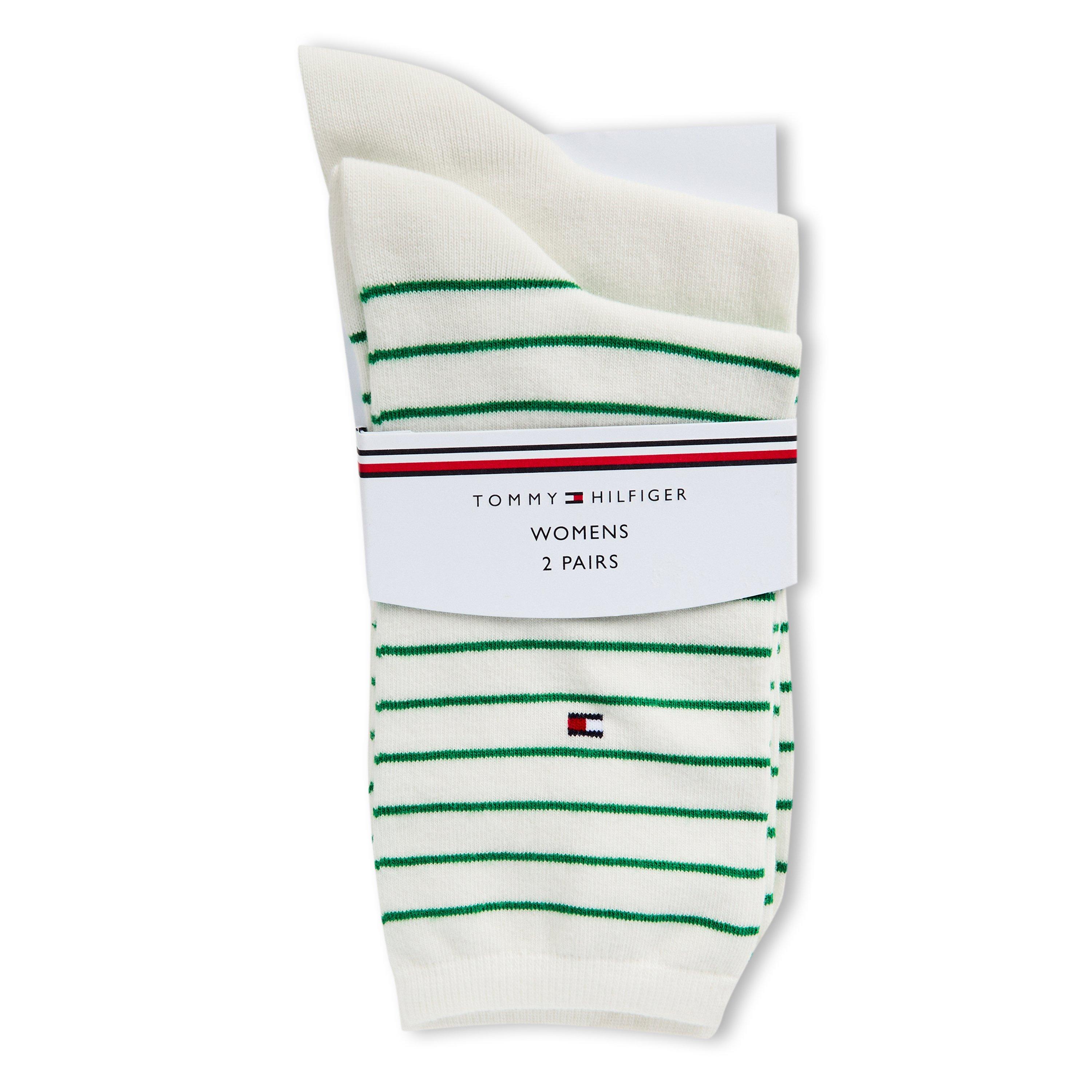 White/Green - Tommy Hilfiger - Women's 2 Pack Small Stripe Crew Socks - 1