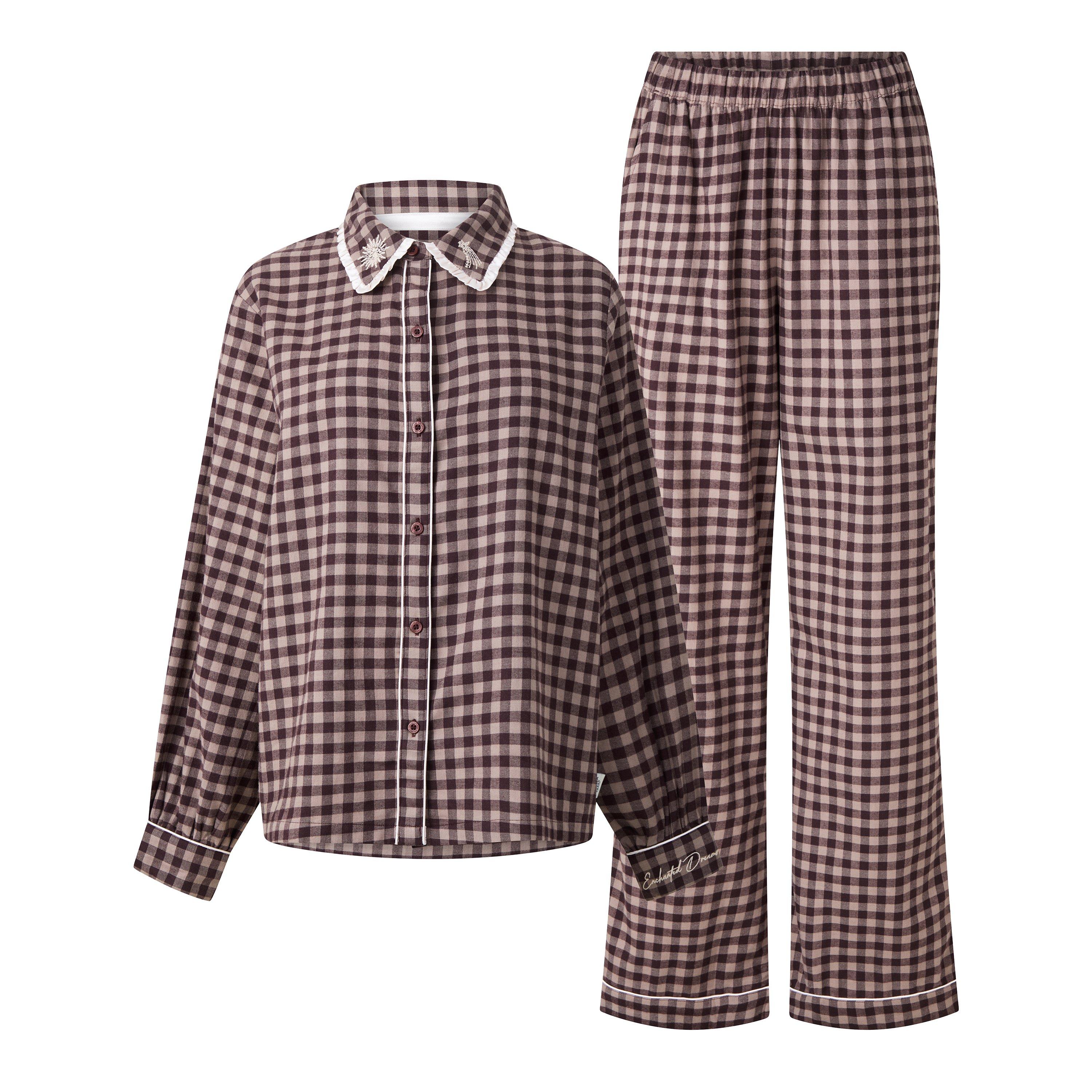 Chelsea Peers Women's Long-Sleeve Cotton Shirt And Trousers Pyjama Set - Gingham Brown - 12 (M)