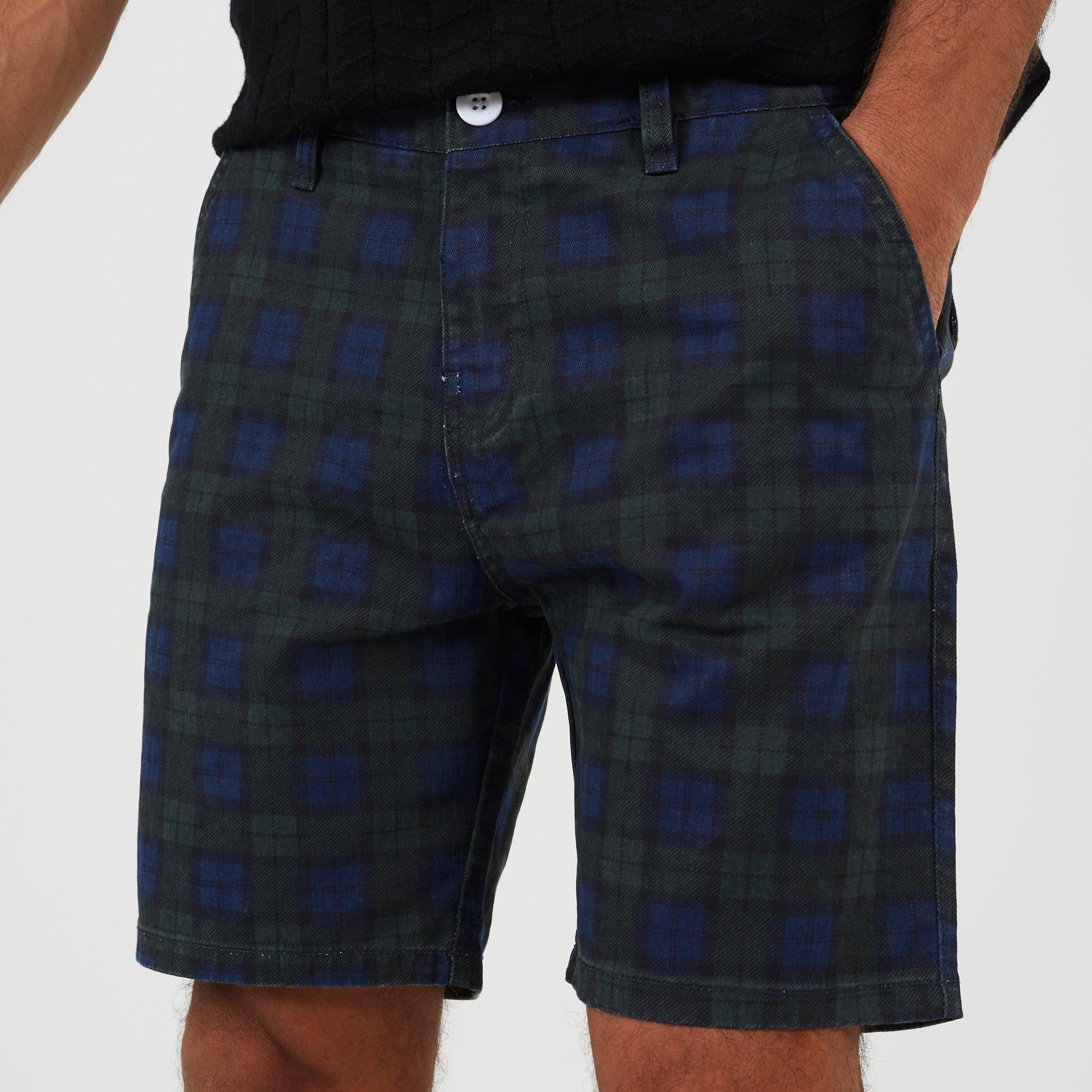 Khaki/Nvy Check - Brave Soul - Print Cotton Twill Shorts - 3