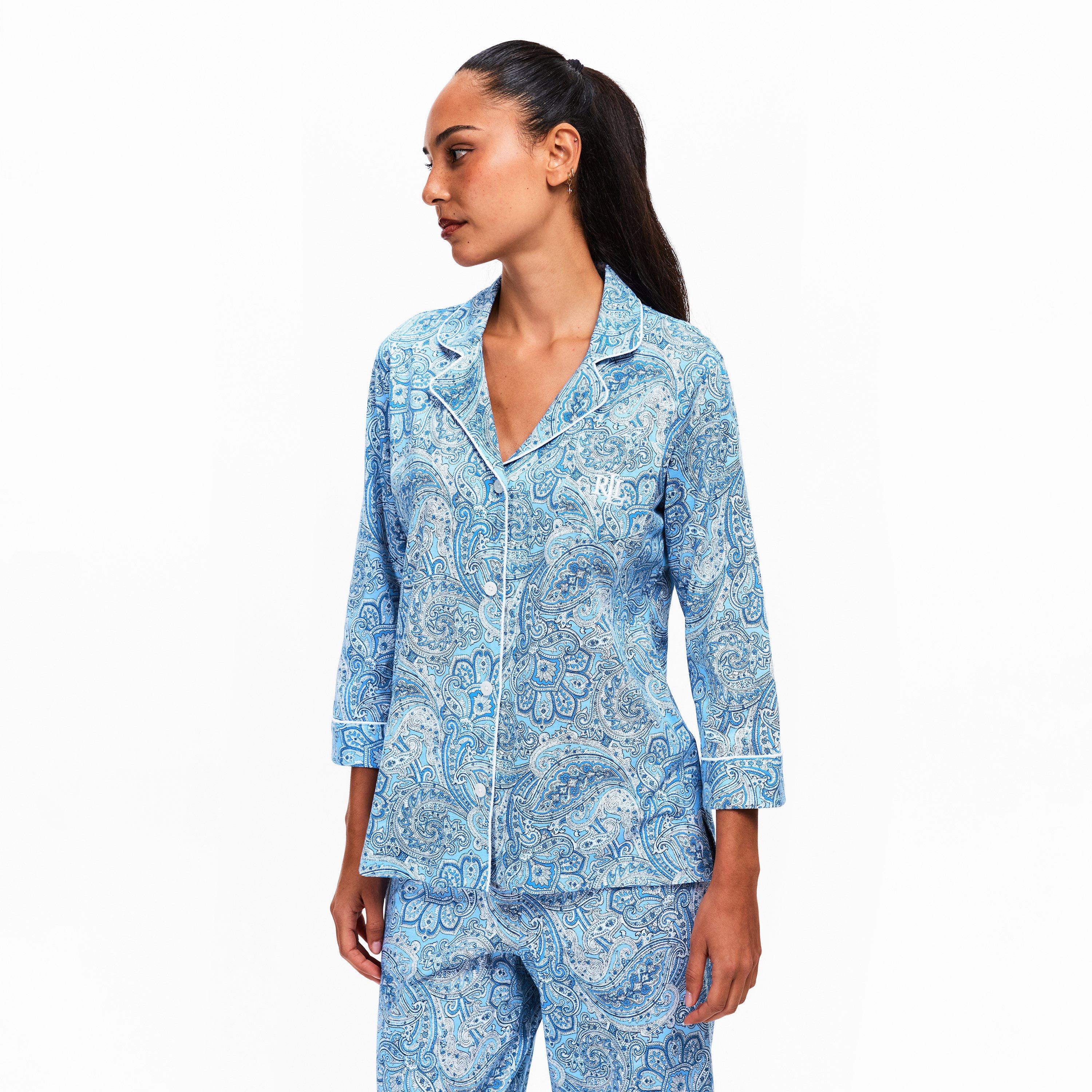 Blue - Lauren by Ralph Lauren - Women's 3/4 Sleeve Notch Collar Long Pyjama Set - 3