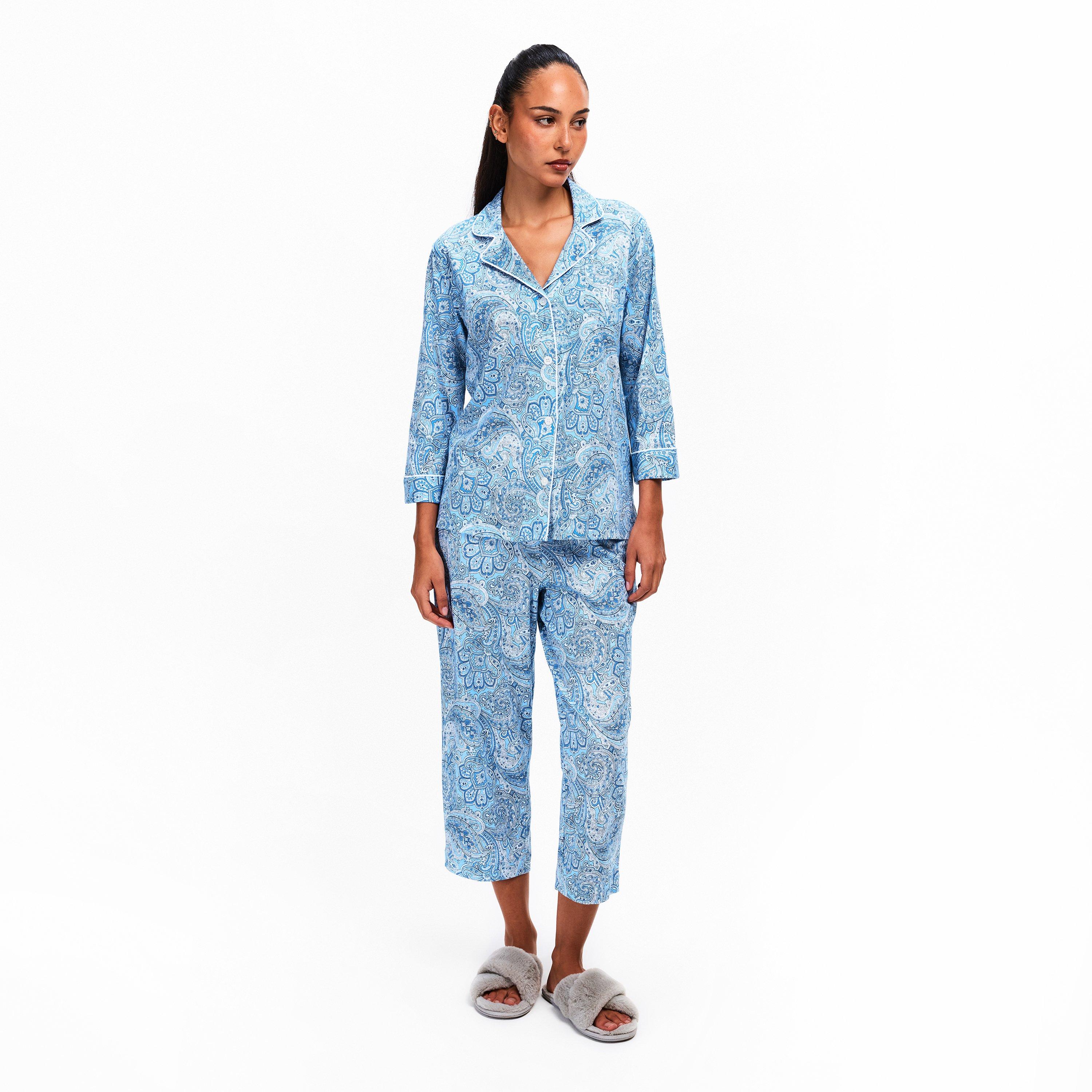 Blue - Lauren by Ralph Lauren - Women's 3/4 Sleeve Notch Collar Long Pyjama Set - 6