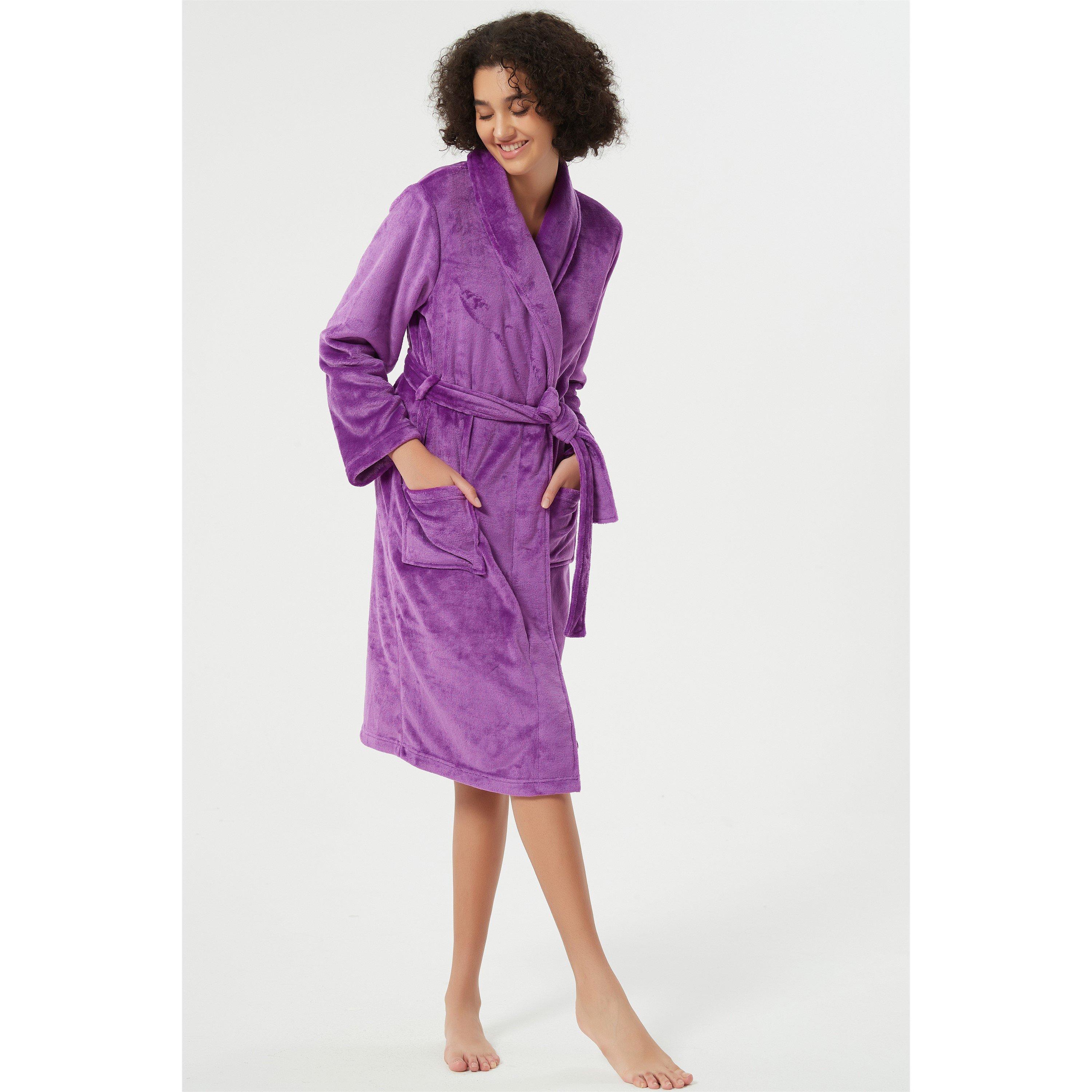 Paars - Linea - Women's Plain Fleece Fluffy Dressing Gown - 4