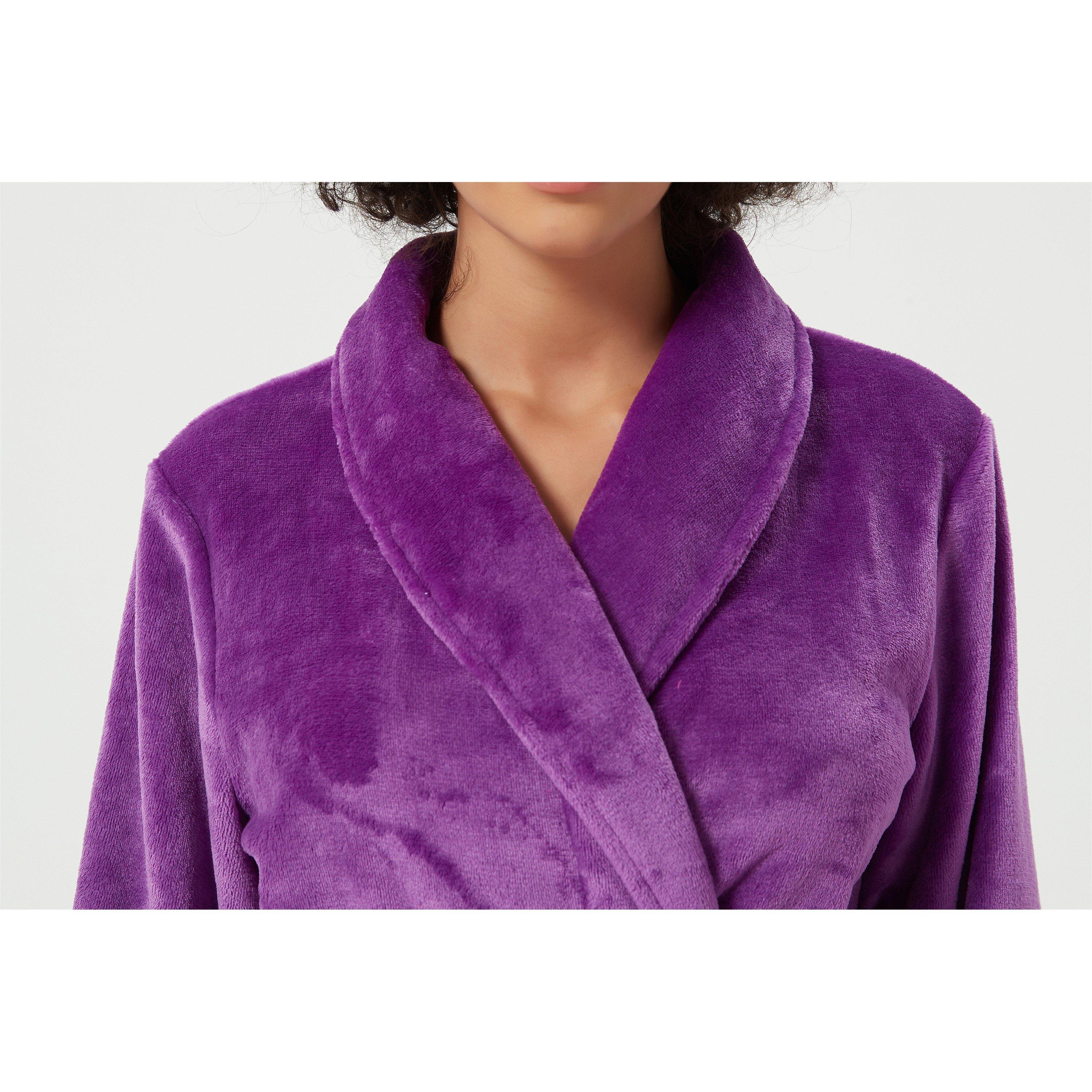 Paars - Linea - Women's Plain Fleece Fluffy Dressing Gown - 6