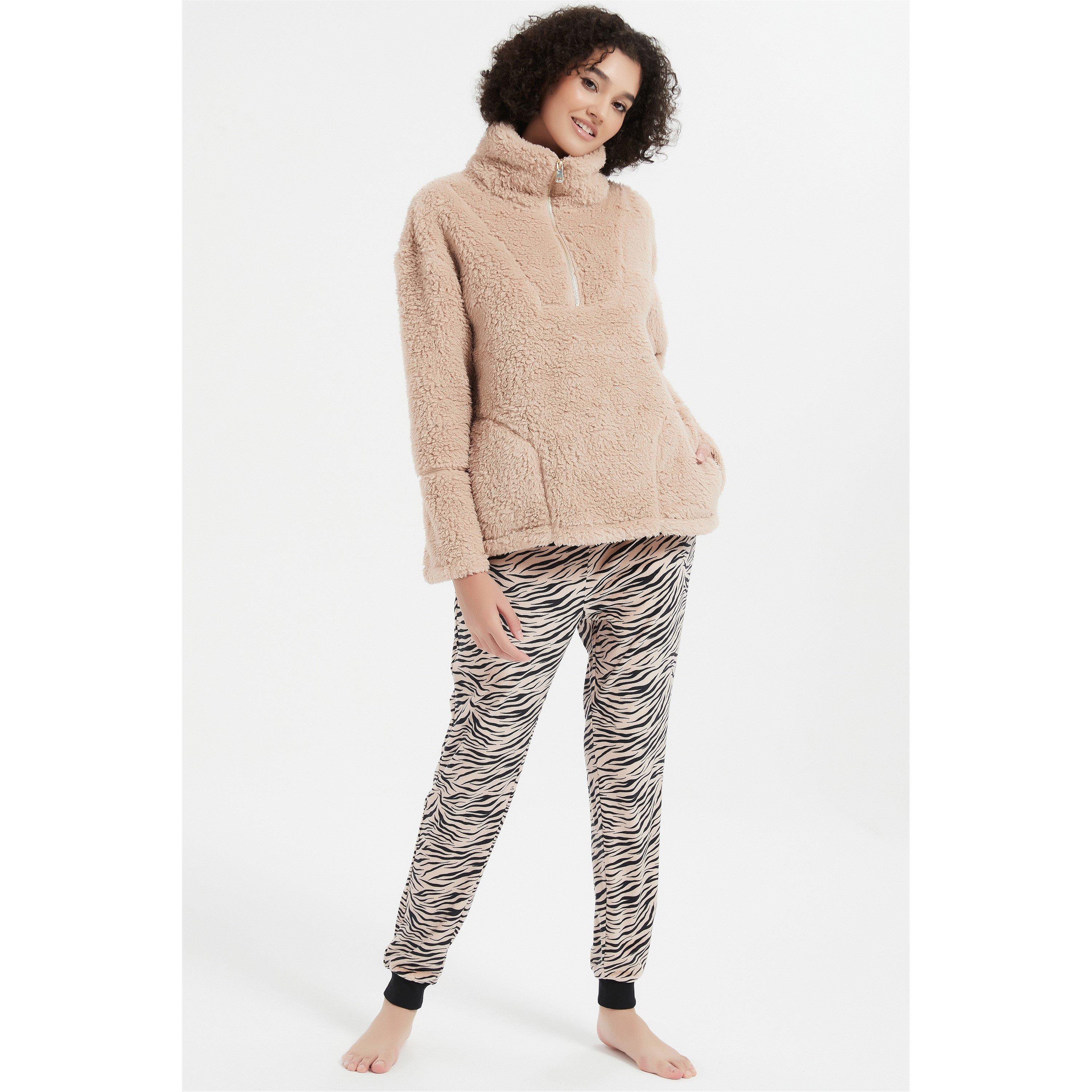 Beige/Black - Linea - Ladies Animal Quarter Zip Lounge Set - 1