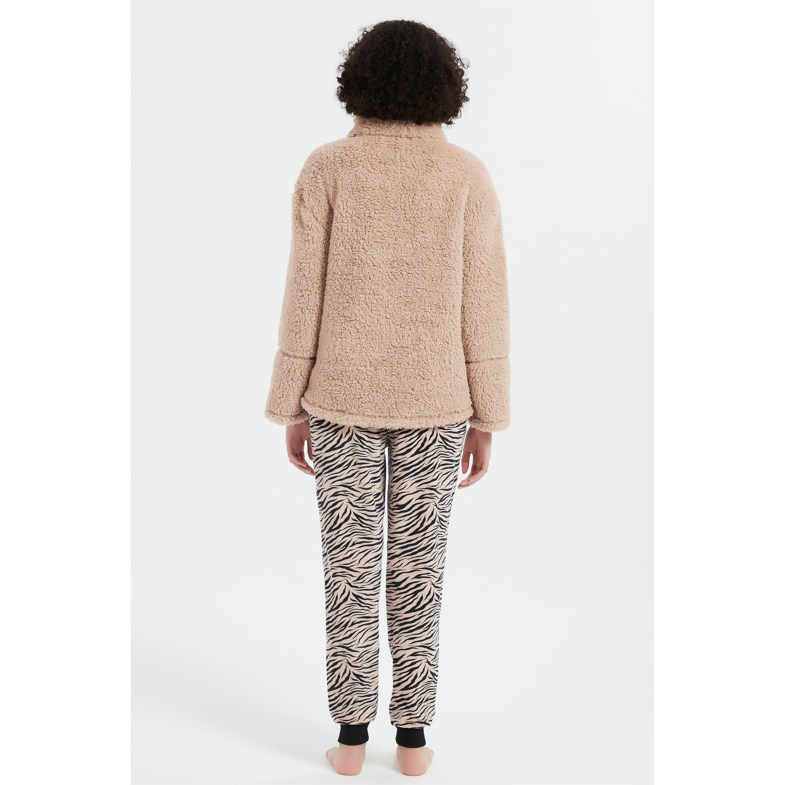 Beige/Black - Linea - Ladies Animal Quarter Zip Lounge Set - 2