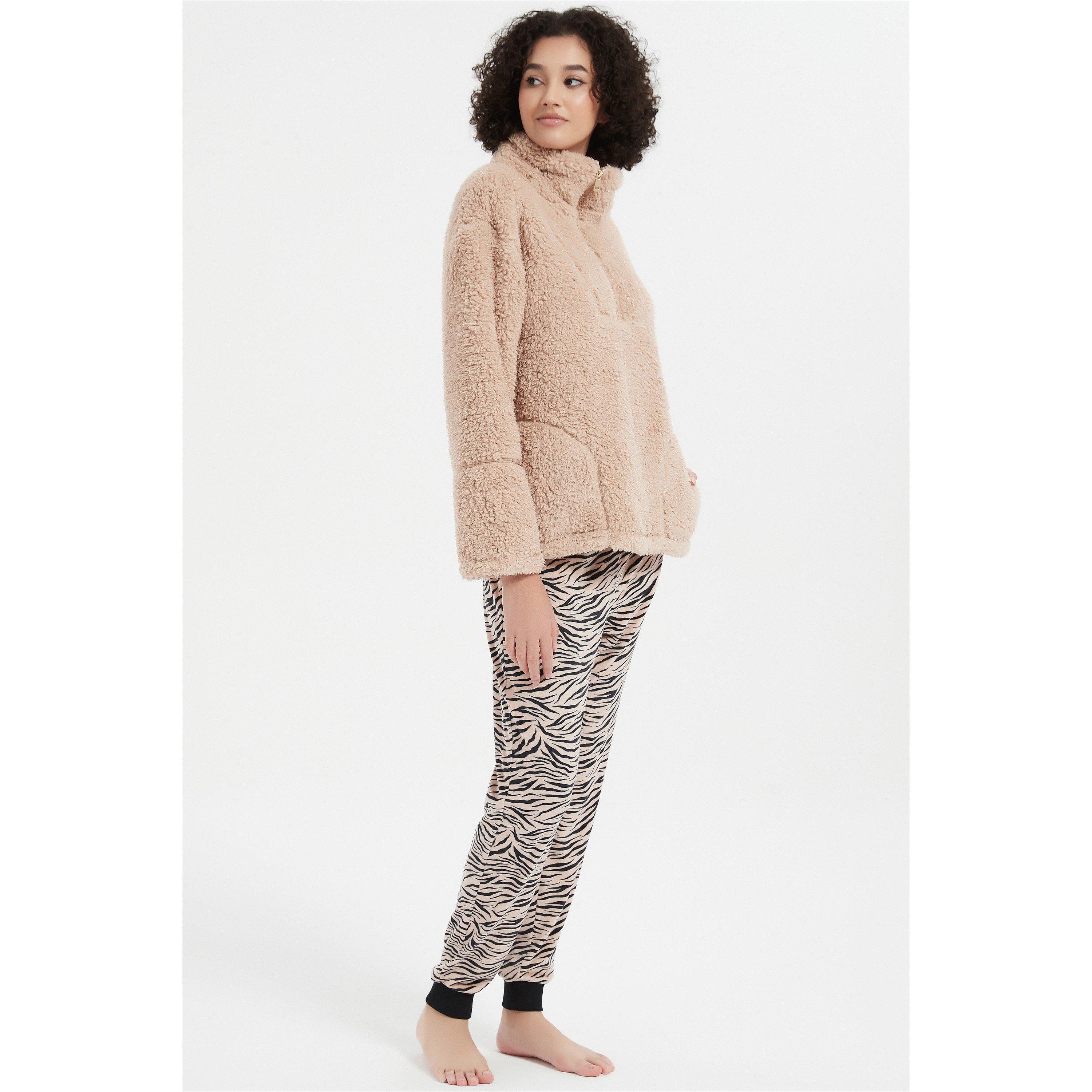 Beige/Black - Linea - Ladies Animal Quarter Zip Lounge Set - 3