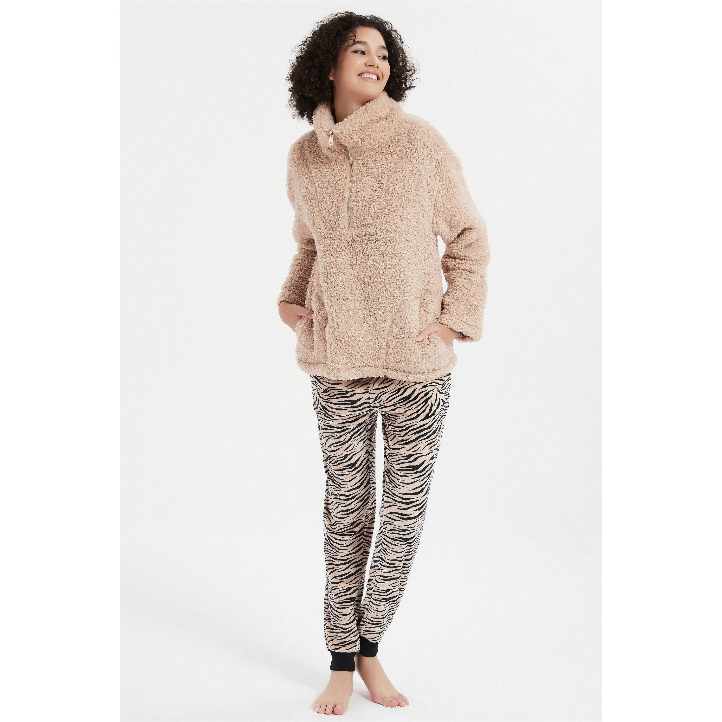 Beige/Black - Linea - Ladies Animal Quarter Zip Lounge Set - 4