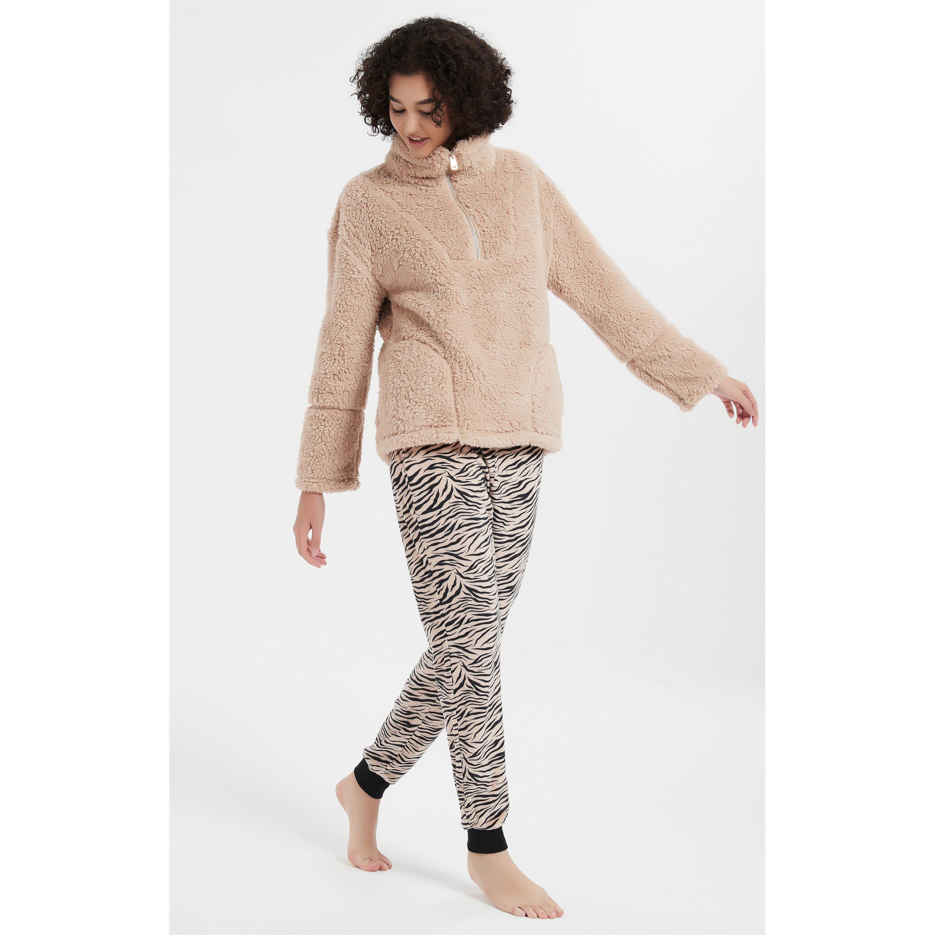 Beige/Black - Linea - Ladies Animal Quarter Zip Lounge Set - 5