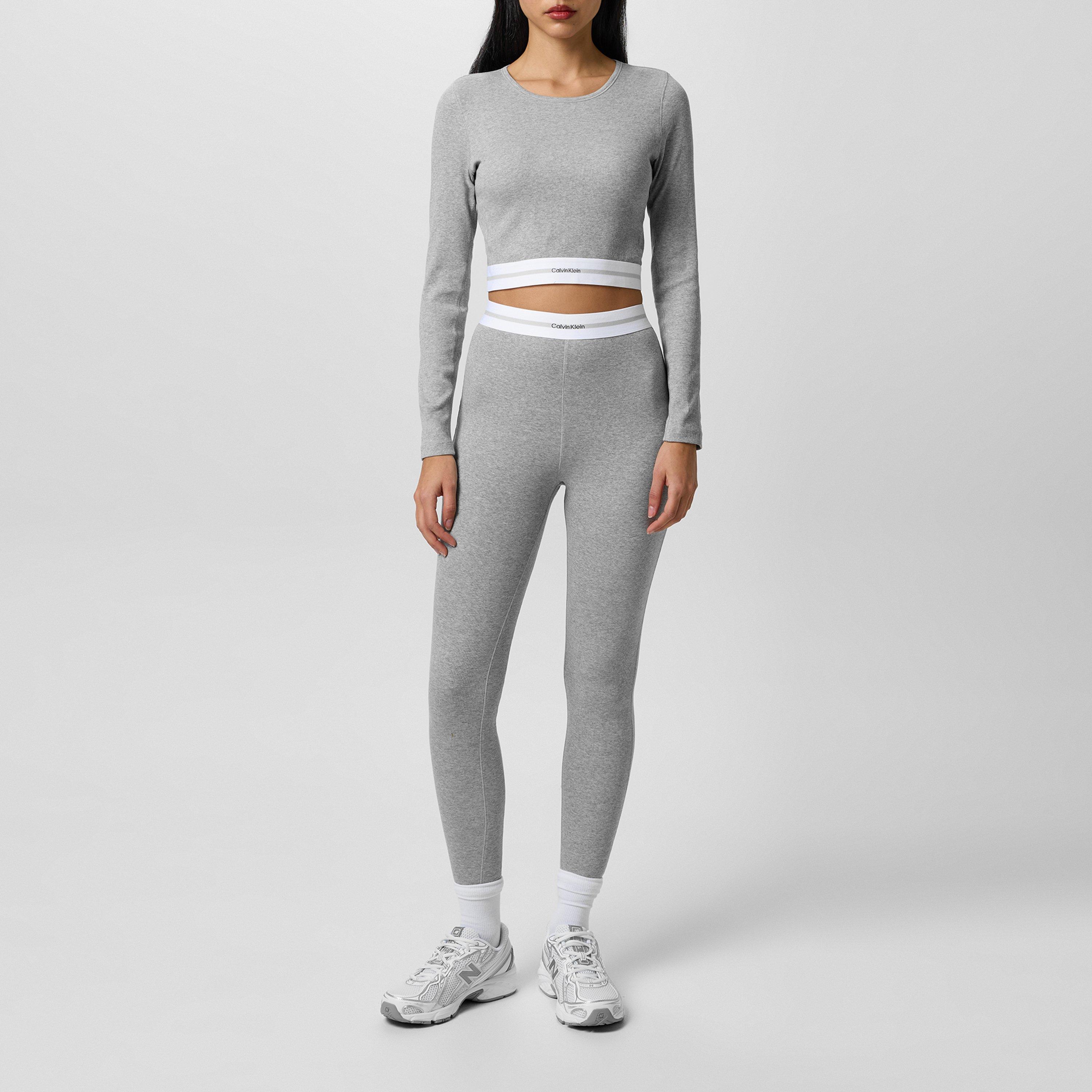 Grey Heather - Calvin Klein - Women's Cropped Crew Pyjama Long Sleeve Top - 4