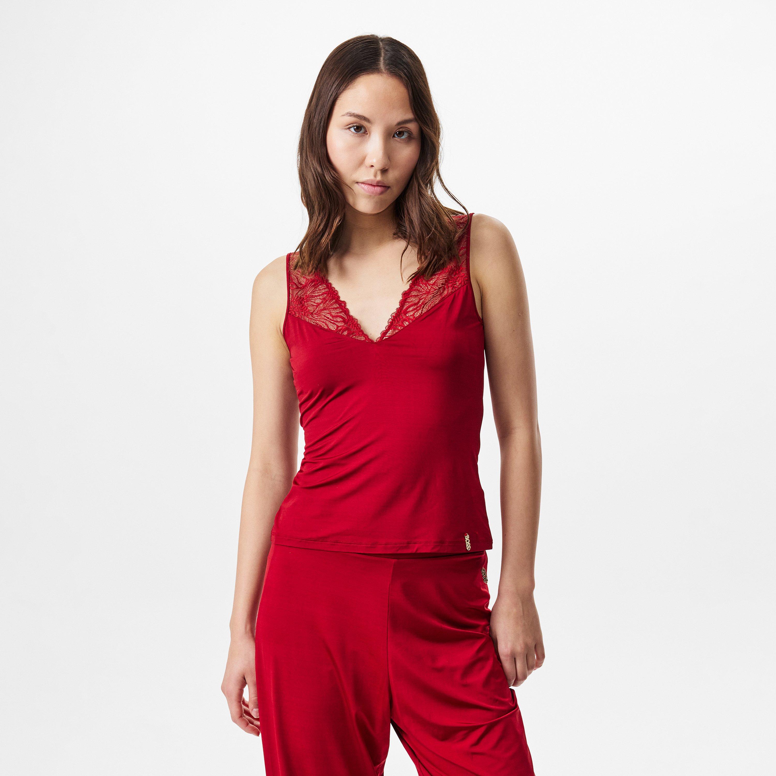 Dark Red - Boss - Women's Lace Trim Jersey Vest Cami Top - 2