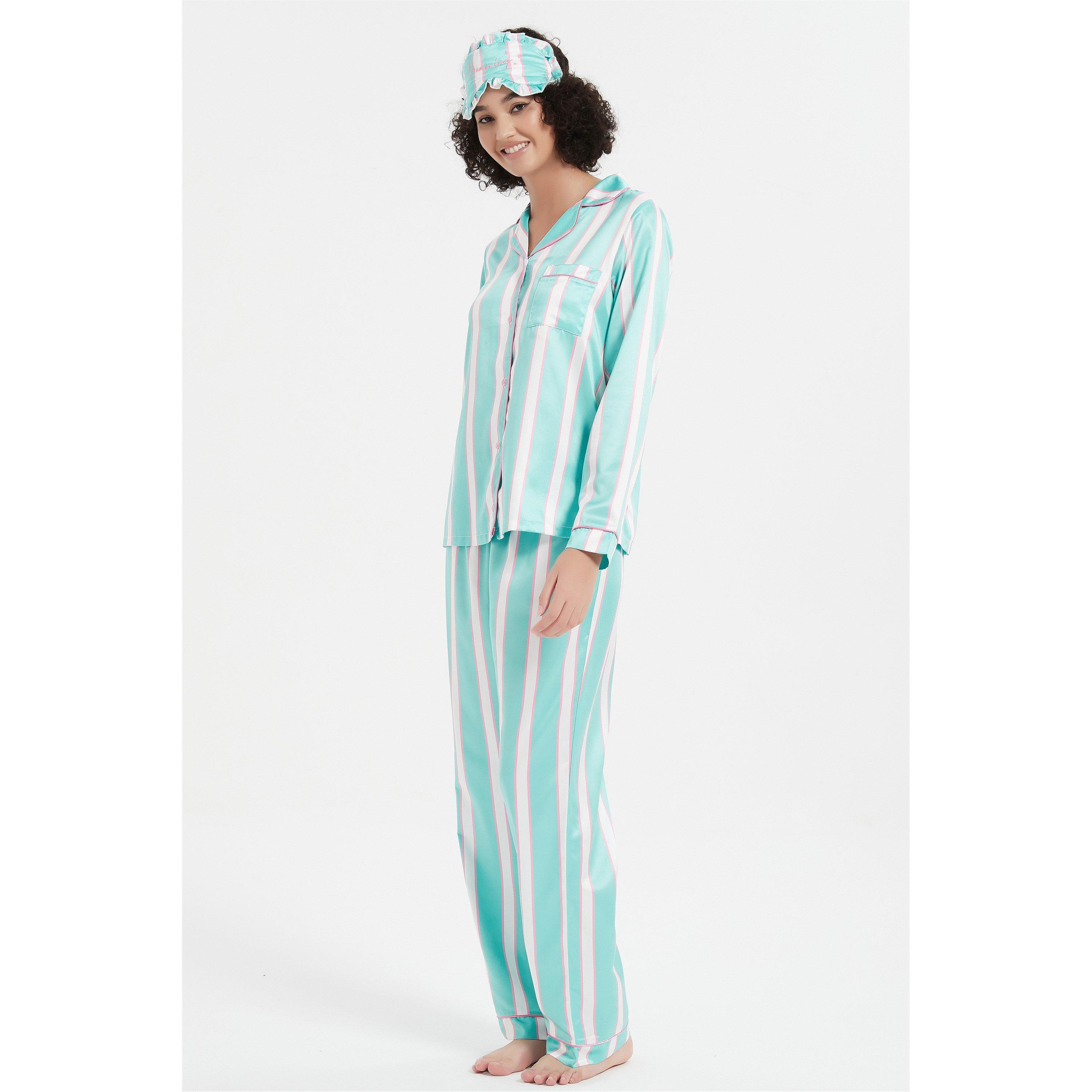 Verde/Rosa - Linea - Stripe Satin Long-Sleeve Pyjama Set - 3