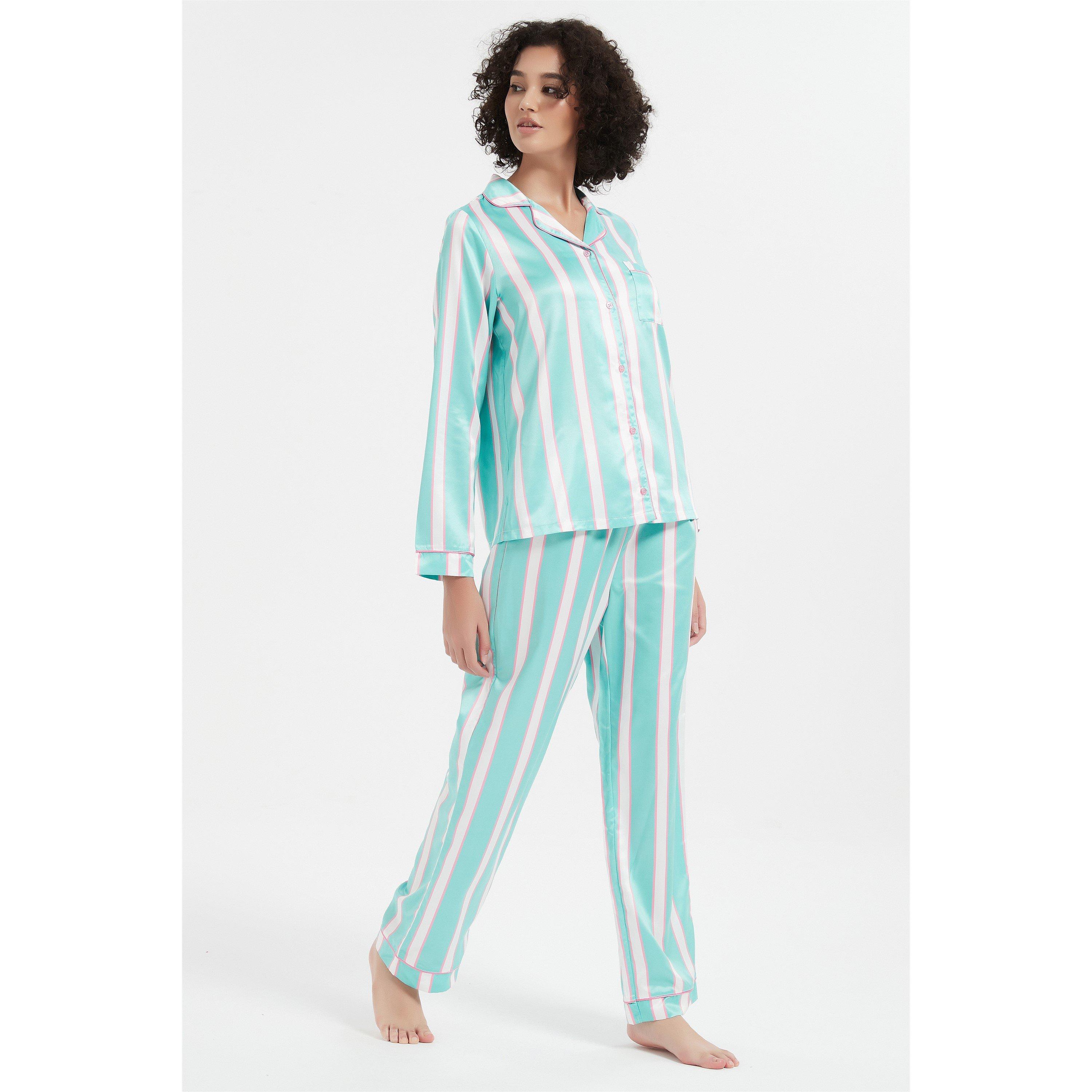 Verde/Rosa - Linea - Stripe Satin Long-Sleeve Pyjama Set - 4