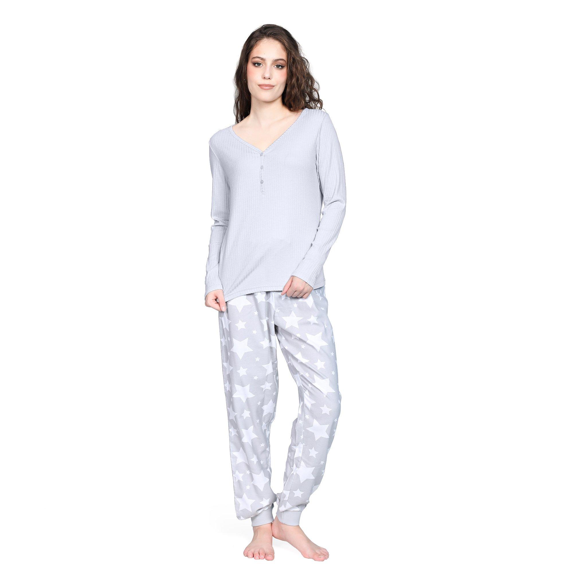 Grey - Linea - Ladies Rib Flannel Pyjama Set - 1