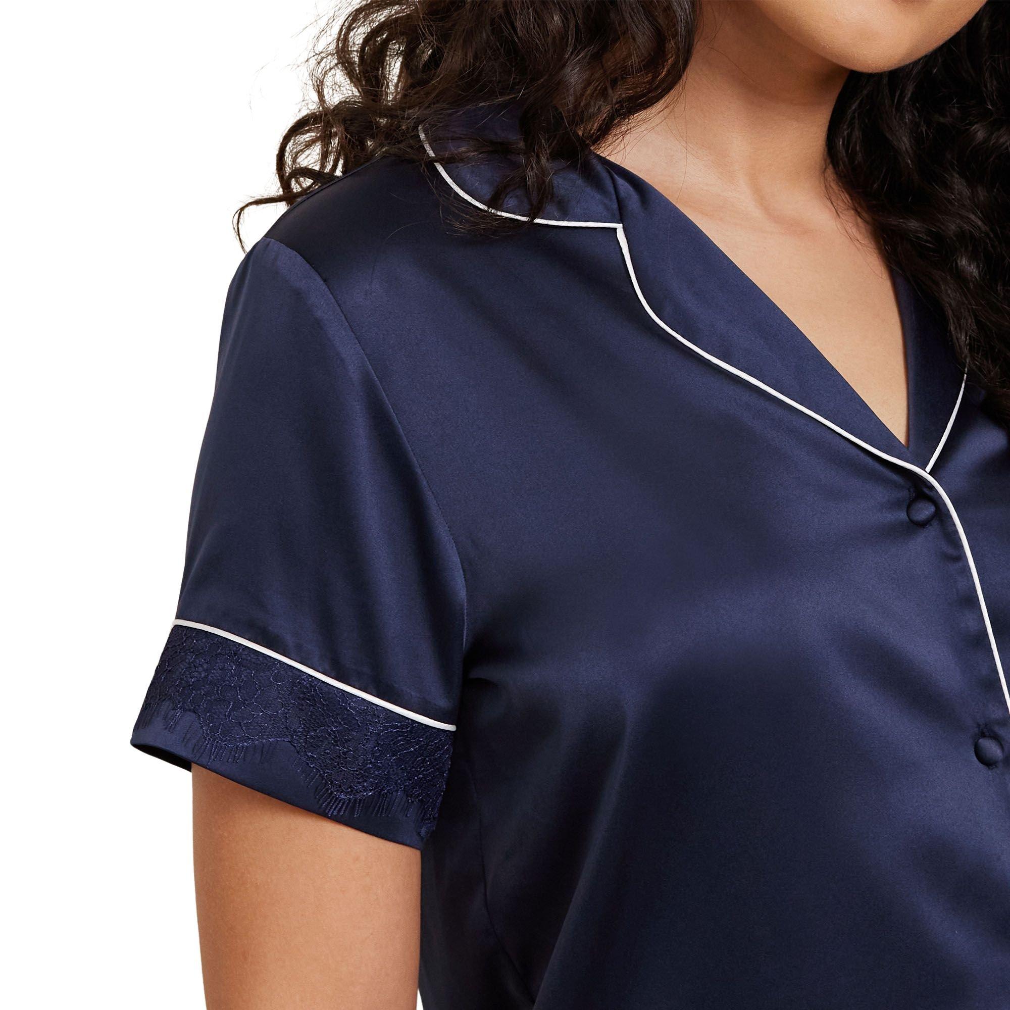 Azul marino - Chelsea Peers - Women's Satin Lace Long-Sleeve Pyjama Sets - 4