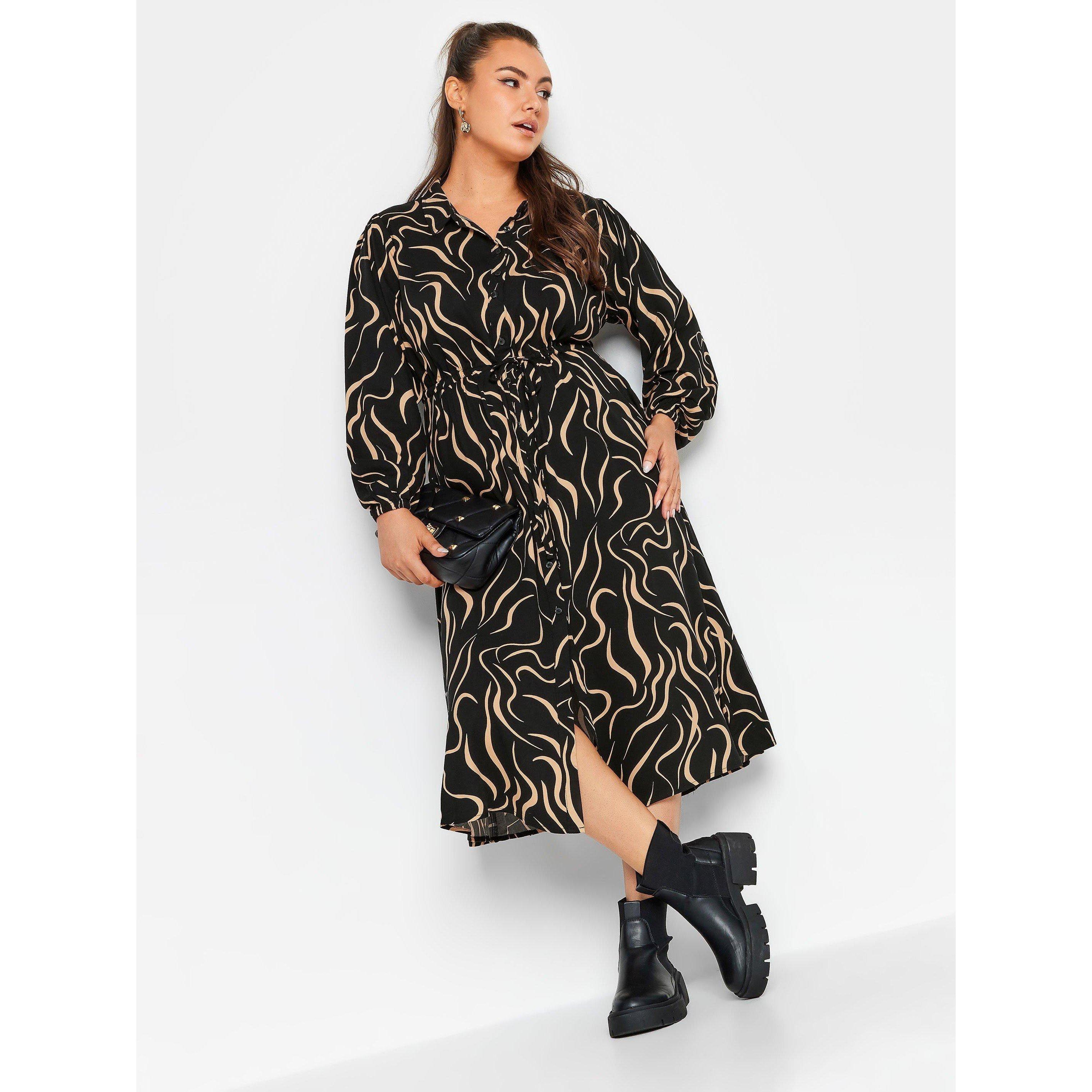 Black - YOURS - Curve Long Sleeve Swirl Shirt Dress - 2