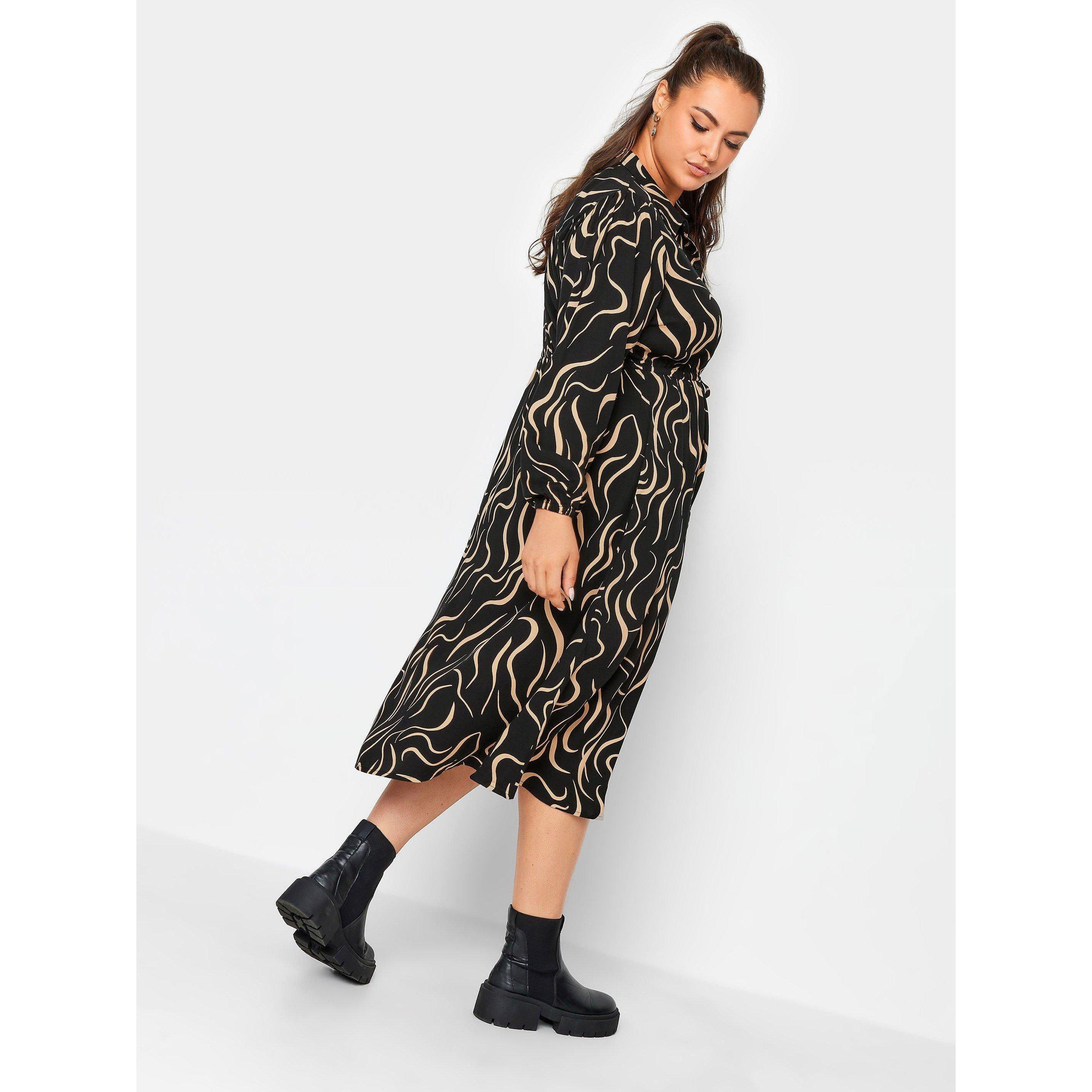 Black - YOURS - Curve Long Sleeve Swirl Shirt Dress - 3
