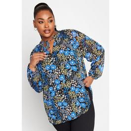 YOURS Yours Curve Tie Neck Pretty Floral Chiffon Top Blue