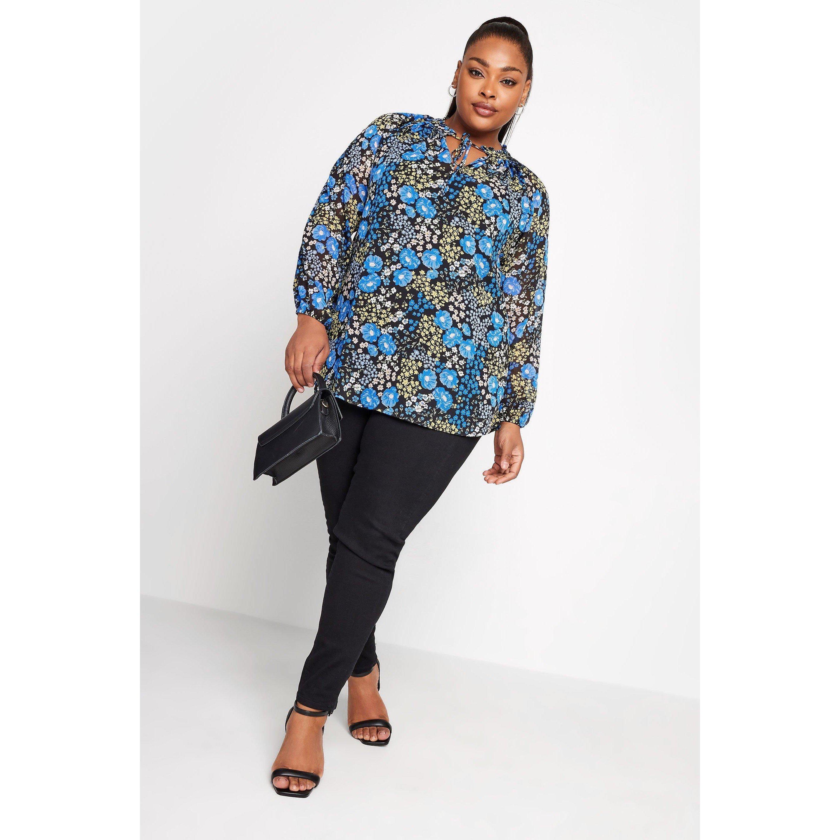 ユアーズ Yours 【 Curve Tie Neck Pretty Floral Chiffon Top Blue Men 】 メンズ YOURS | Yours Curve Tie Neck Pretty Floral Chiffon Top Blue