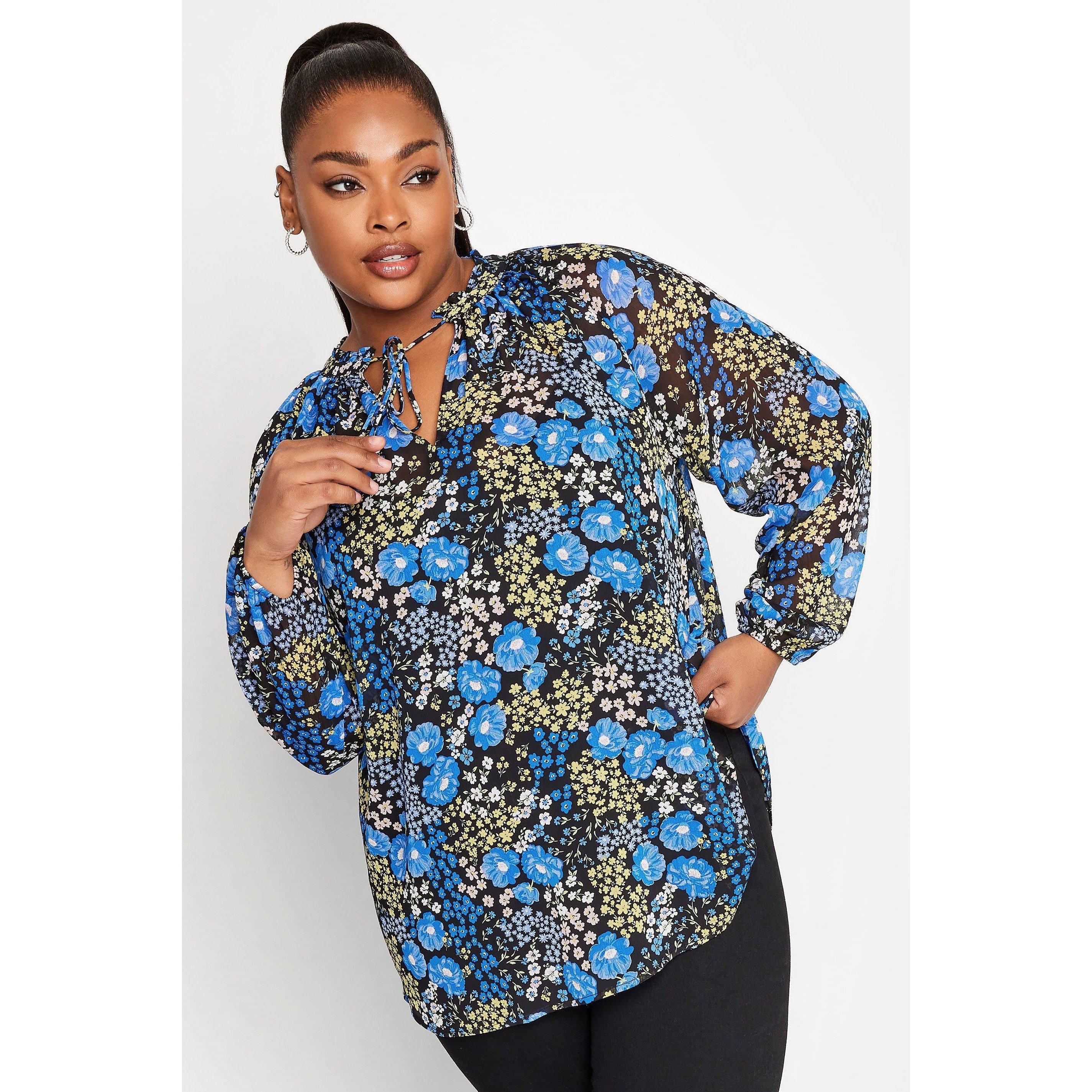 Azul - YOURS - Adults Curve Tie Neck Floral Chiffon Wrap Top - 3