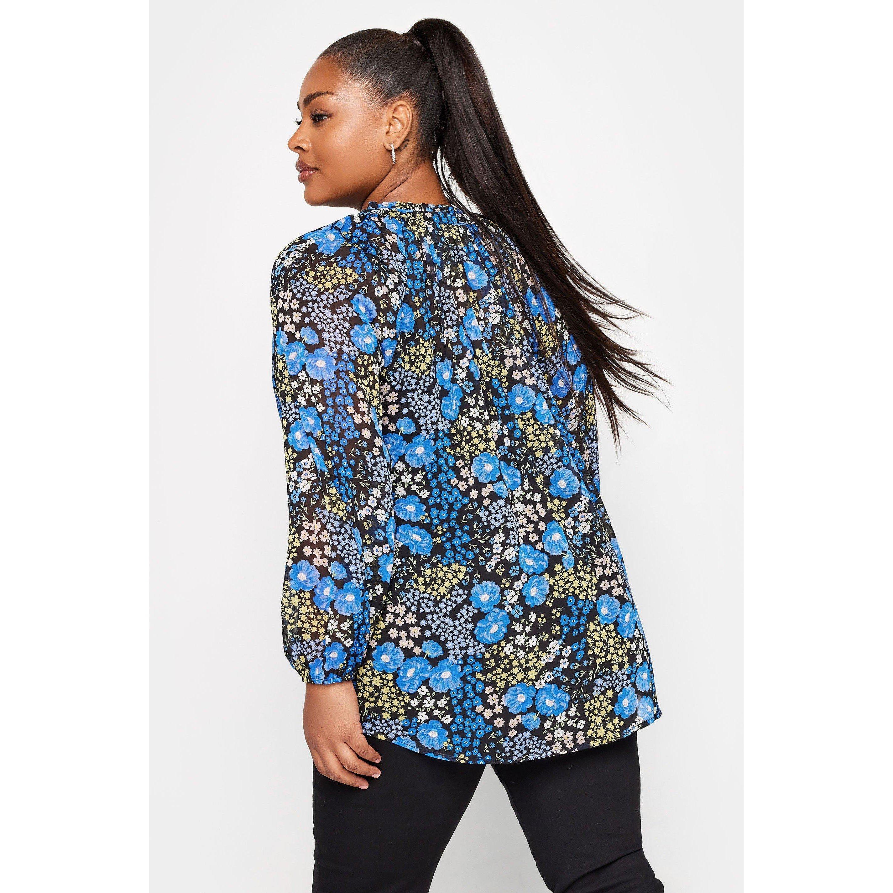 Azul - YOURS - Adults Curve Tie Neck Floral Chiffon Wrap Top - 4
