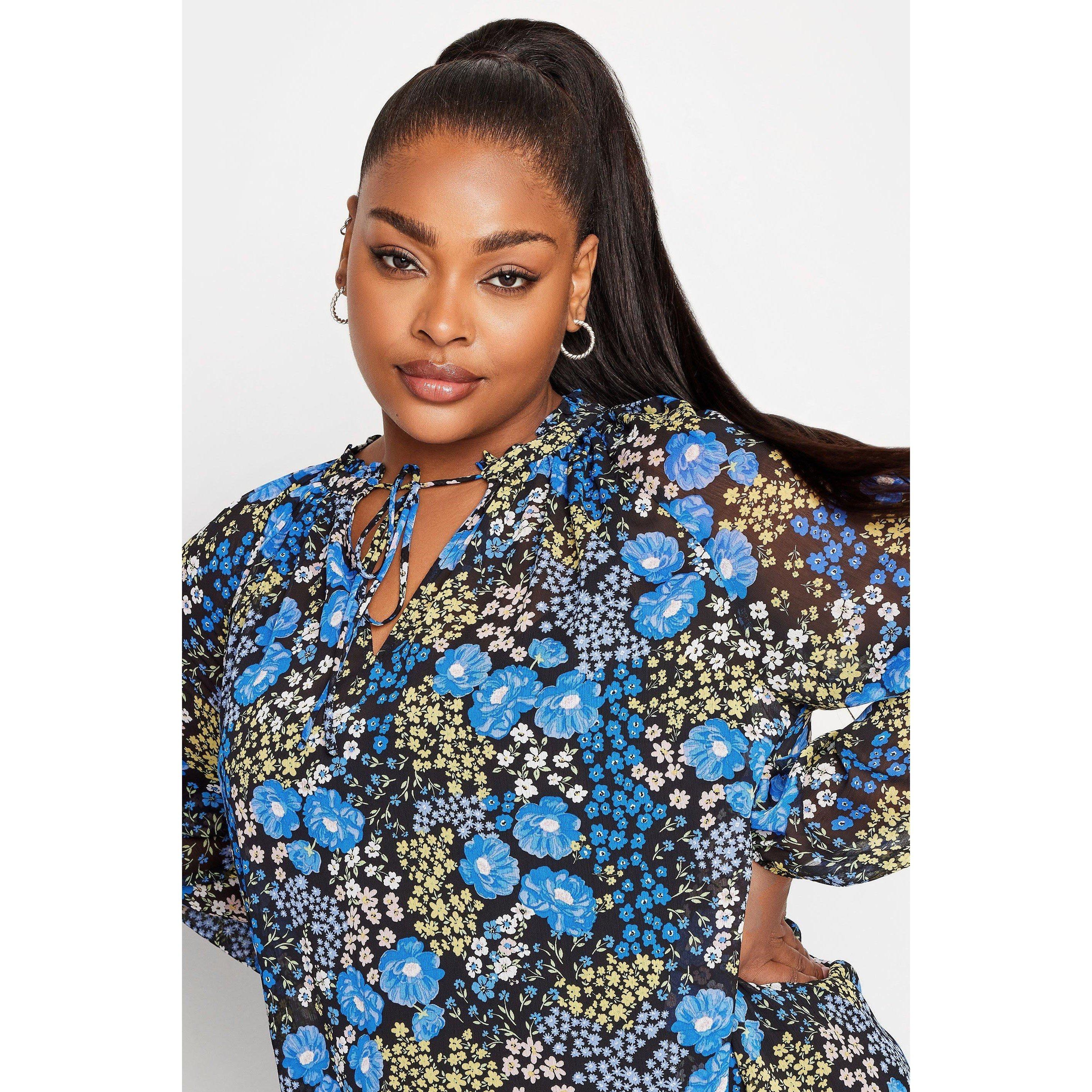 Azul - YOURS - Adults Curve Tie Neck Floral Chiffon Wrap Top - 5