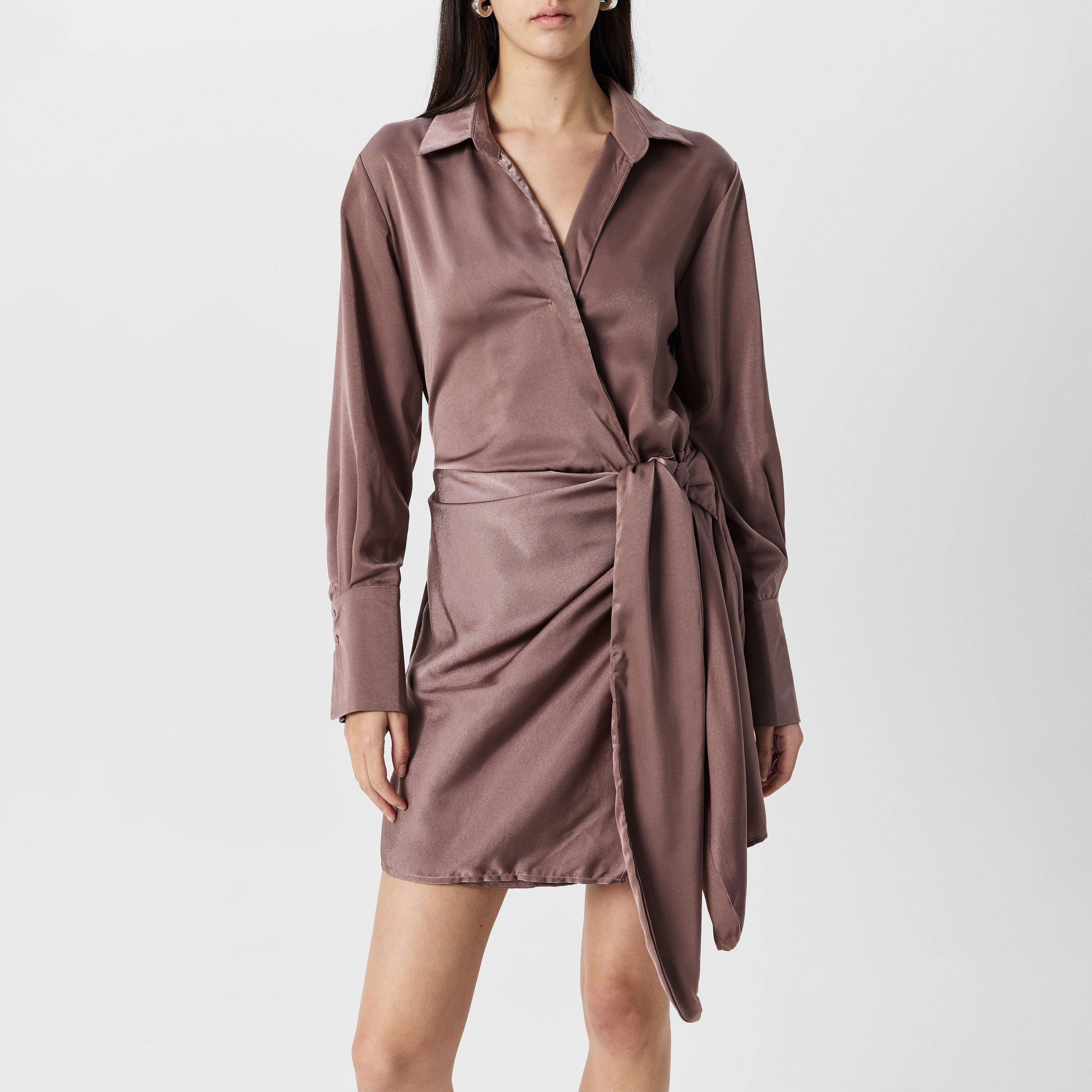 Mocha - AX Paris - Paris Tie Wrap Satin Mocha Mini Dress - 3
