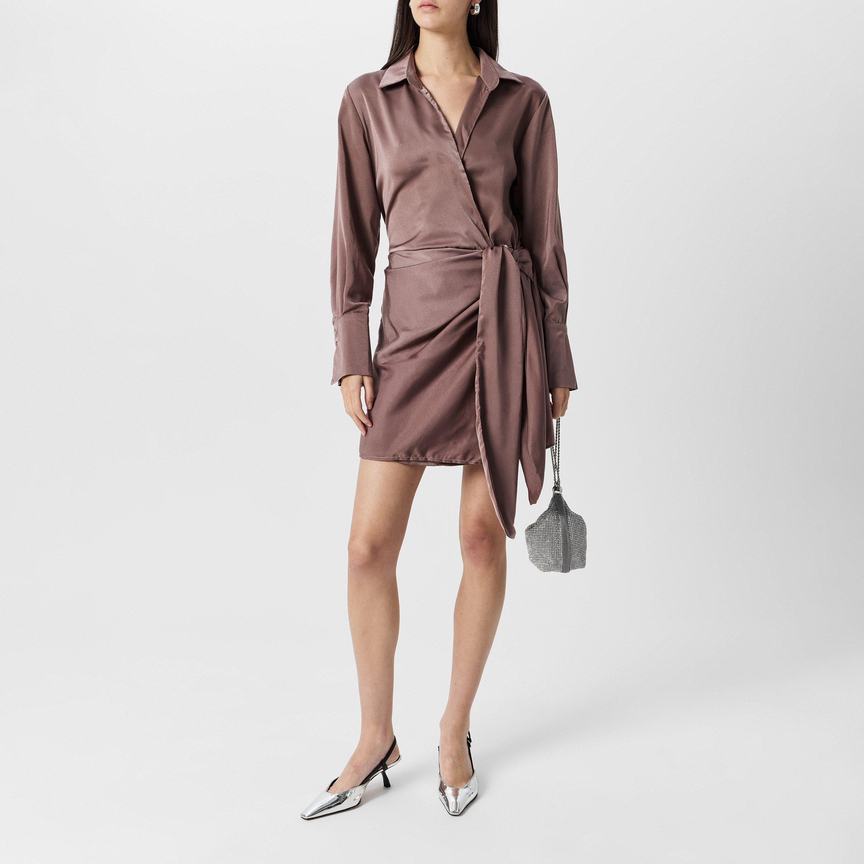 Mocha - AX Paris - Paris Tie Wrap Satin Mocha Mini Dress - 6