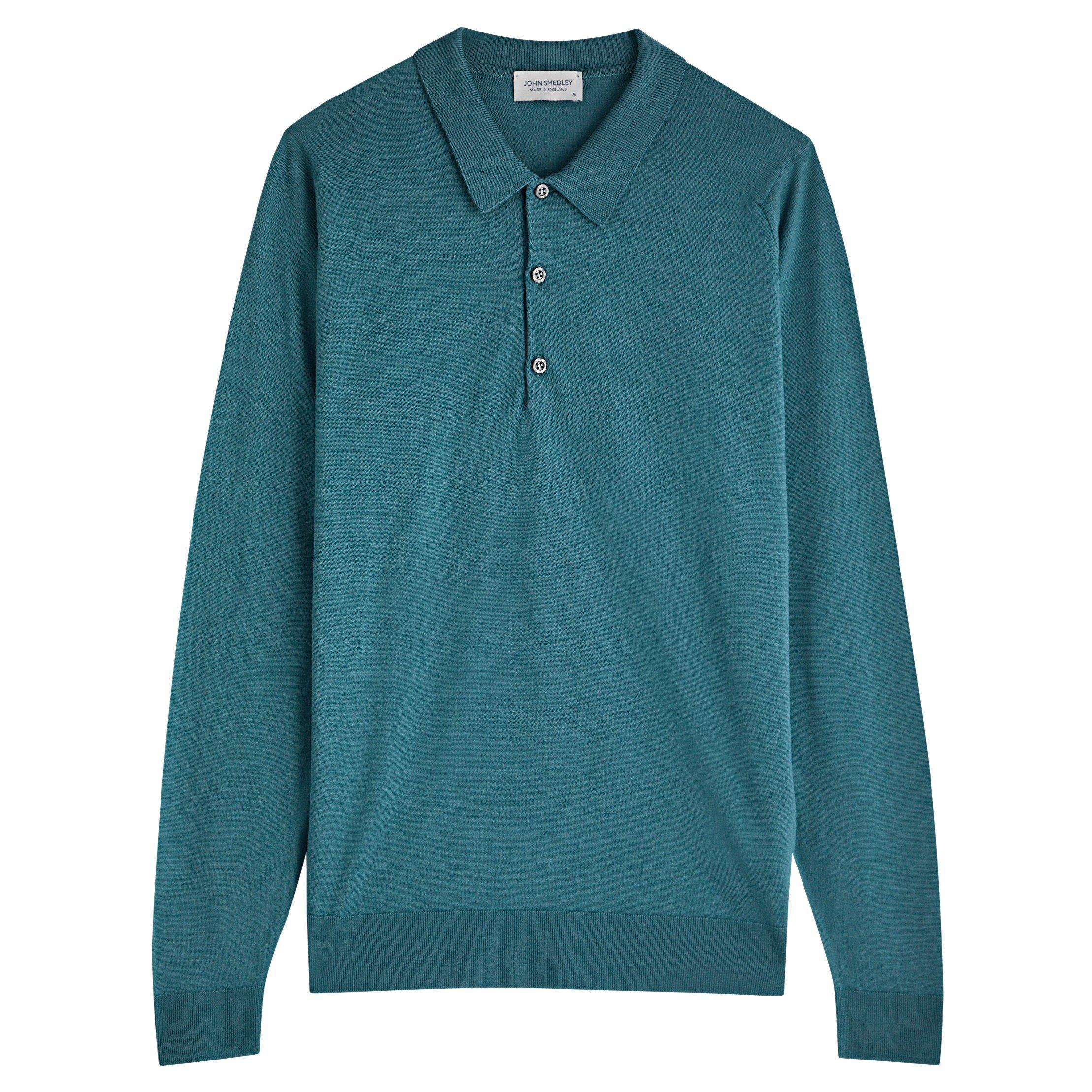BLUE - John Smedley - Men's Belper Merino Wool Knitted Long-Sleeve Polo Shirt