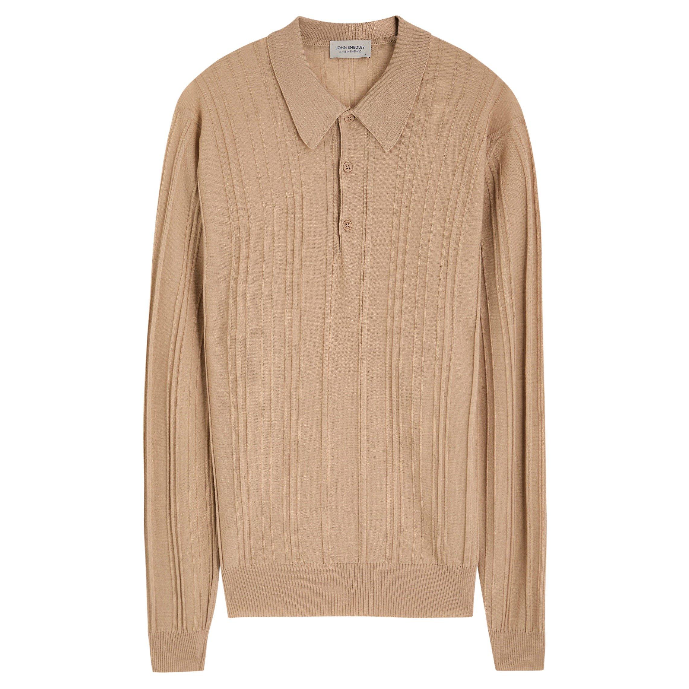 BEIGE - John Smedley - Men's Smed Fine-Knit Long-Sleeve Wool Polo Shirt