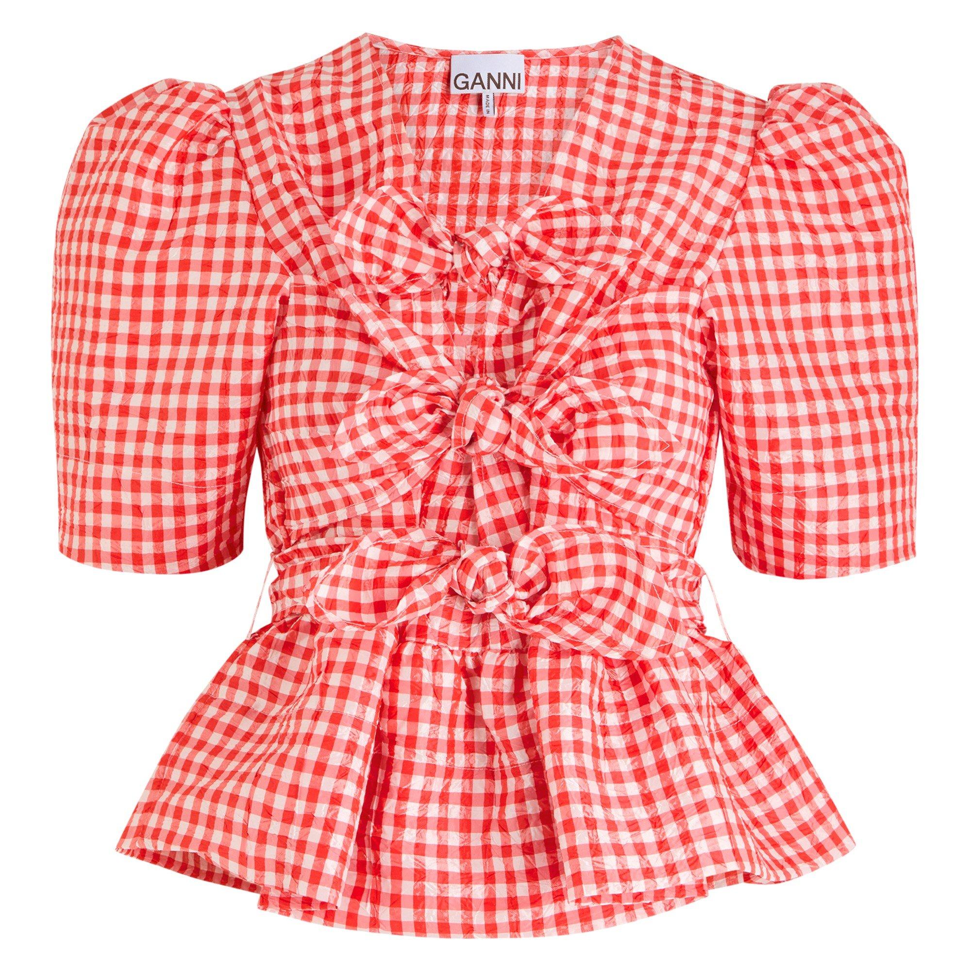 RED AND WHITE - Ganni - T CHECK TIE STRAP TOP