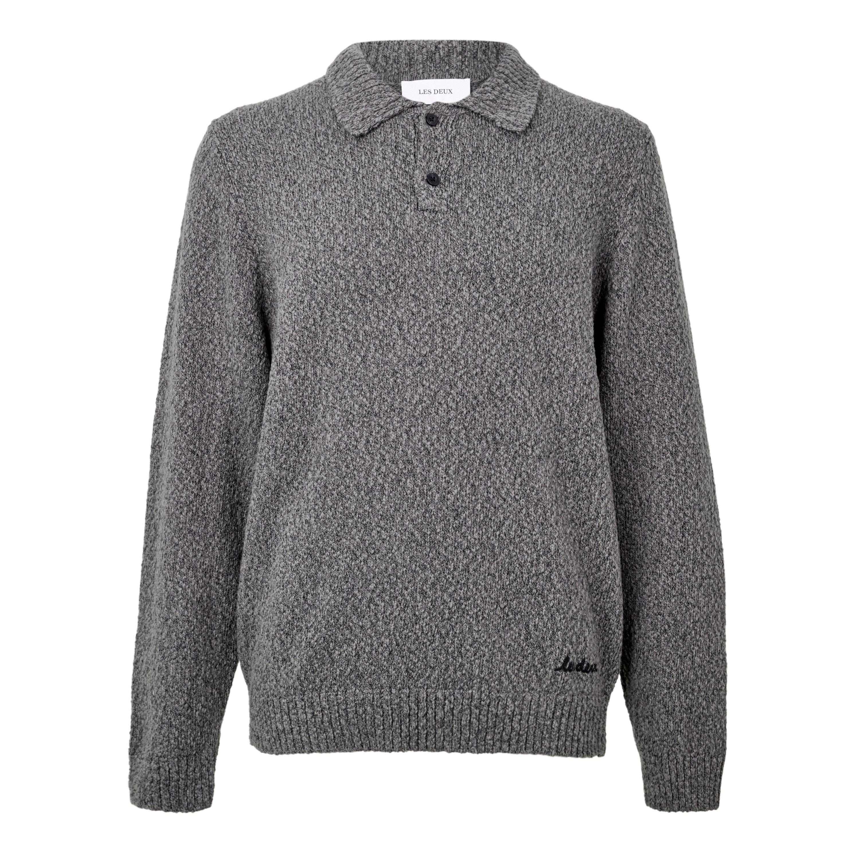 GREY - Les Deux - Men's Billy Moulin Knitted Cotton Long-Sleeve Polo Shirt - 1
