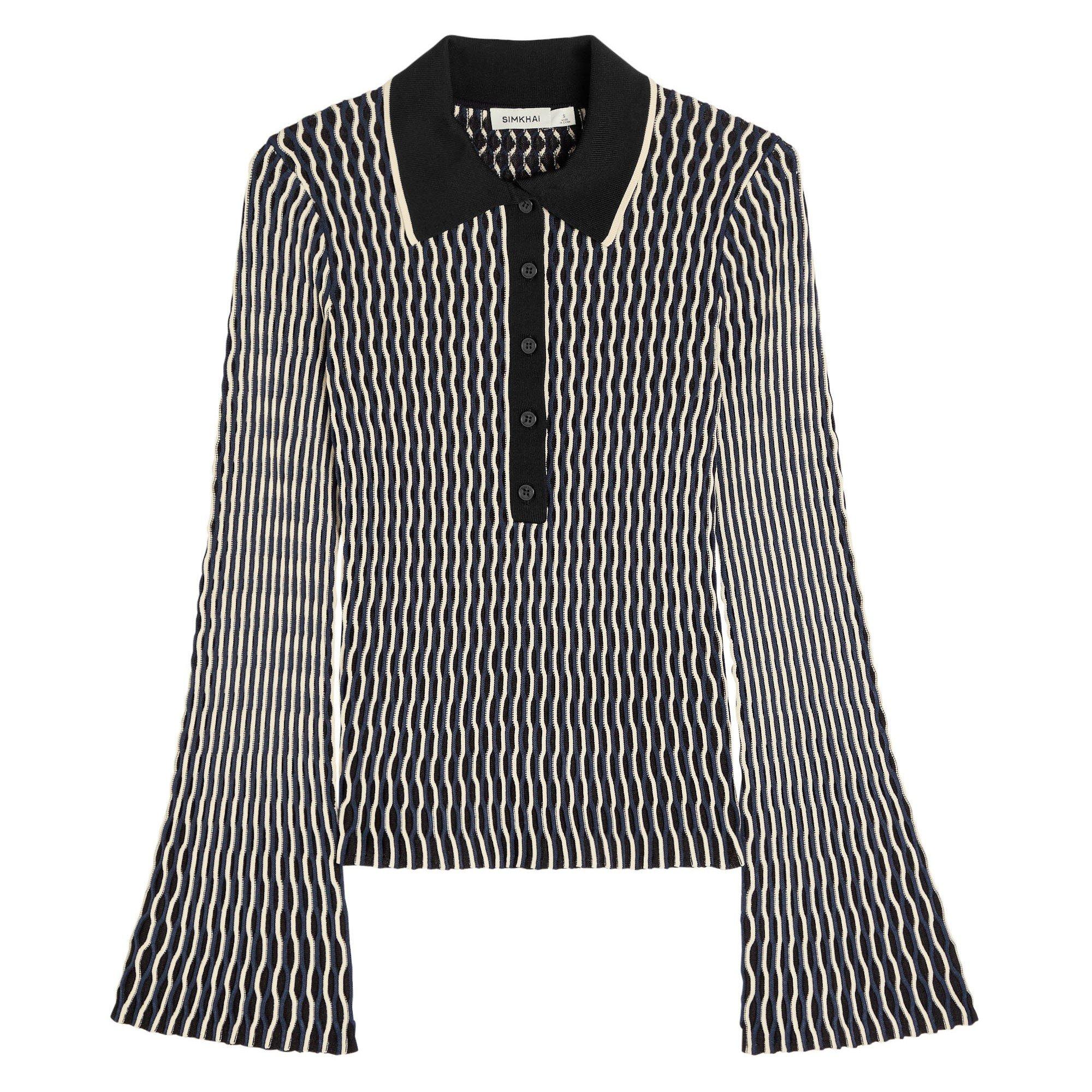BLACK AND OTHER - Jonathan Simkhai - T LS COLLEEN WAVY POLO TOP