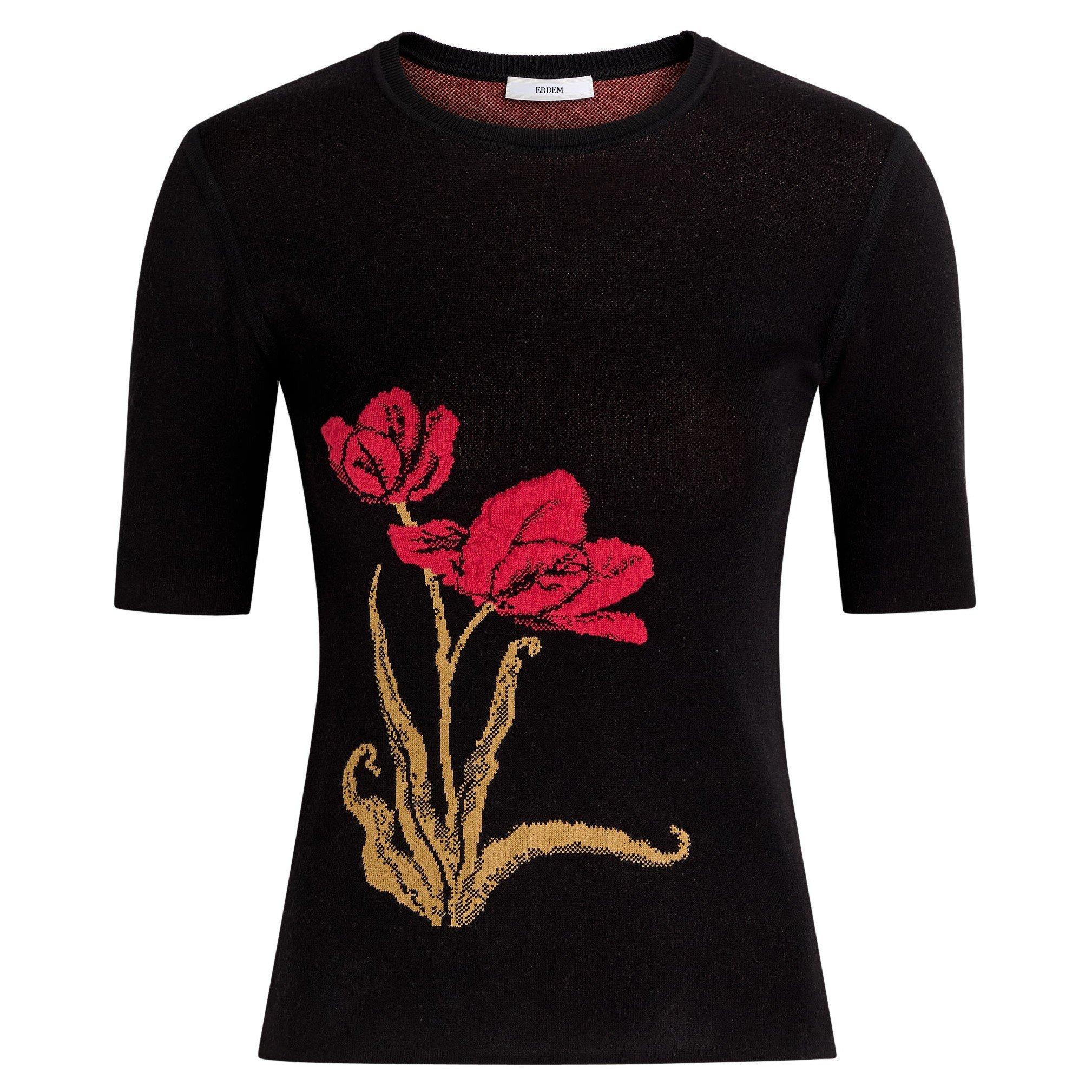 BLACK AND OTHER - Erdem - Women's Floral Intarsia Short-Sleeve Slim-Fit Knitted T-Shirt - 1