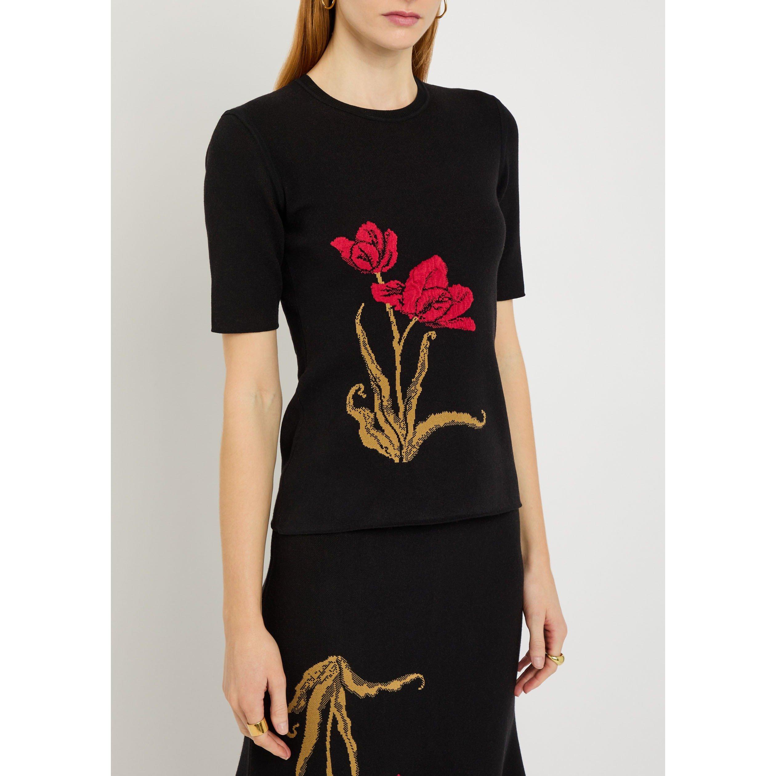 BLACK AND OTHER - Erdem - Women's Floral Intarsia Short-Sleeve Slim-Fit Knitted T-Shirt - 2